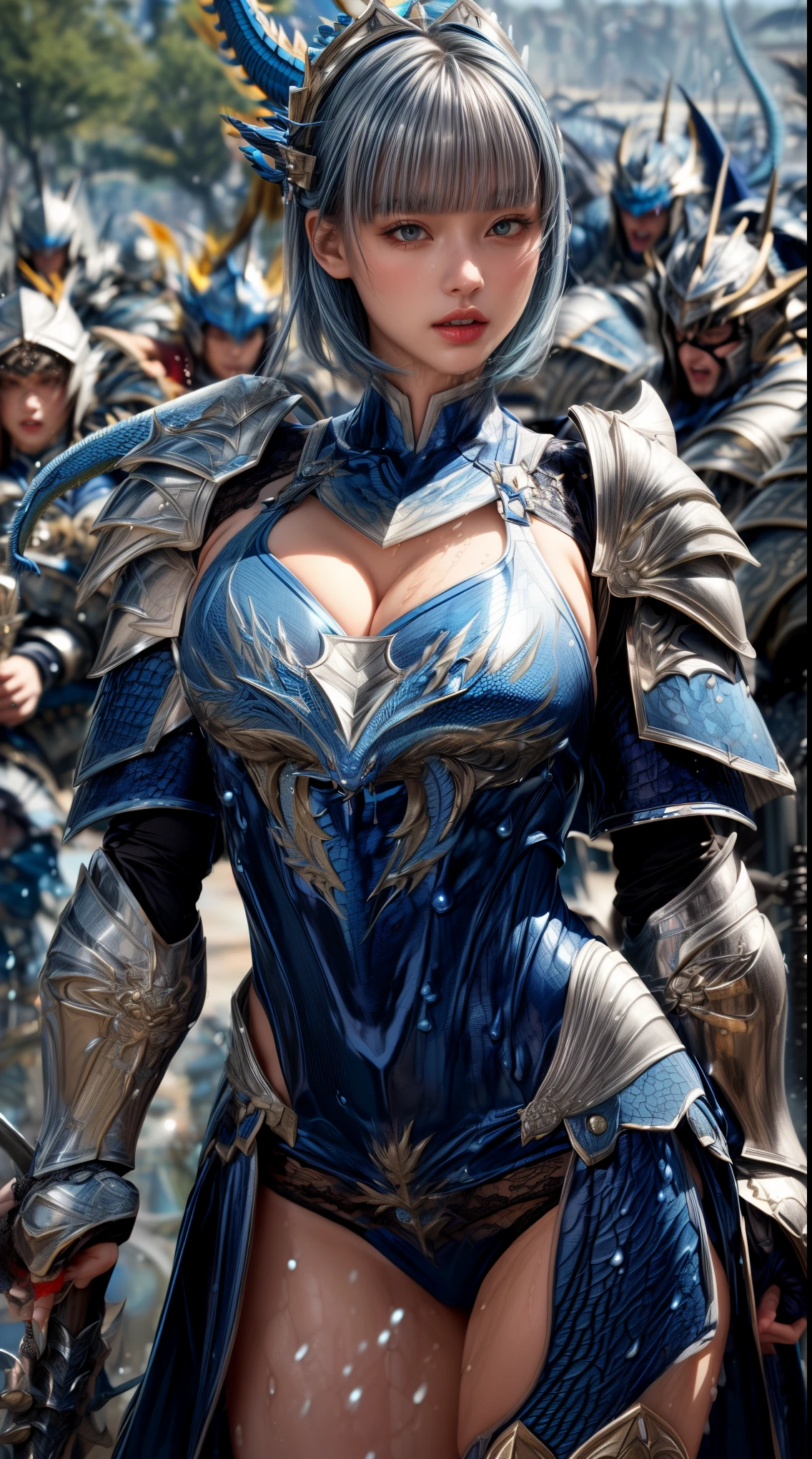 Very beautiful woman、Slender women、(Detailed face)、Realistic Skin、((Water Knight)), ((Navy Blue Armor))、((((Dark blue armor with very fine platinum detailing:1.5))))、((Delicate photo)),(Girl Astepeace RAW Photo Details:1.25), (highest quality:1.6), (超A high resolution:1.5), (Realistic:1.75), 8K resolution, Canon EOS R5, 50mm, Absurd, Super detailed,Cinema Lighting,((Fightfield))、((Fight))、(((White skirt with embellishments)))、Thigh-high socks、Shingard、((Light blue hair))、((Bowl cut hairstyle with bangs))、(Six Pack:1.1)、Cape、Beautiful Armor、(((Has a huge weapon)))、(In combat)、The wind is blowing、((Symmetrical armor))、((((splash:1.1))))、(((Leads a large group of blue knights:1.2)))、banner、(Armor with a dragon motif)、(((Battle Scenes)))、(((blue Dragon)))、((Browsing Caution))、((Pastel blue lace panties))、bite
