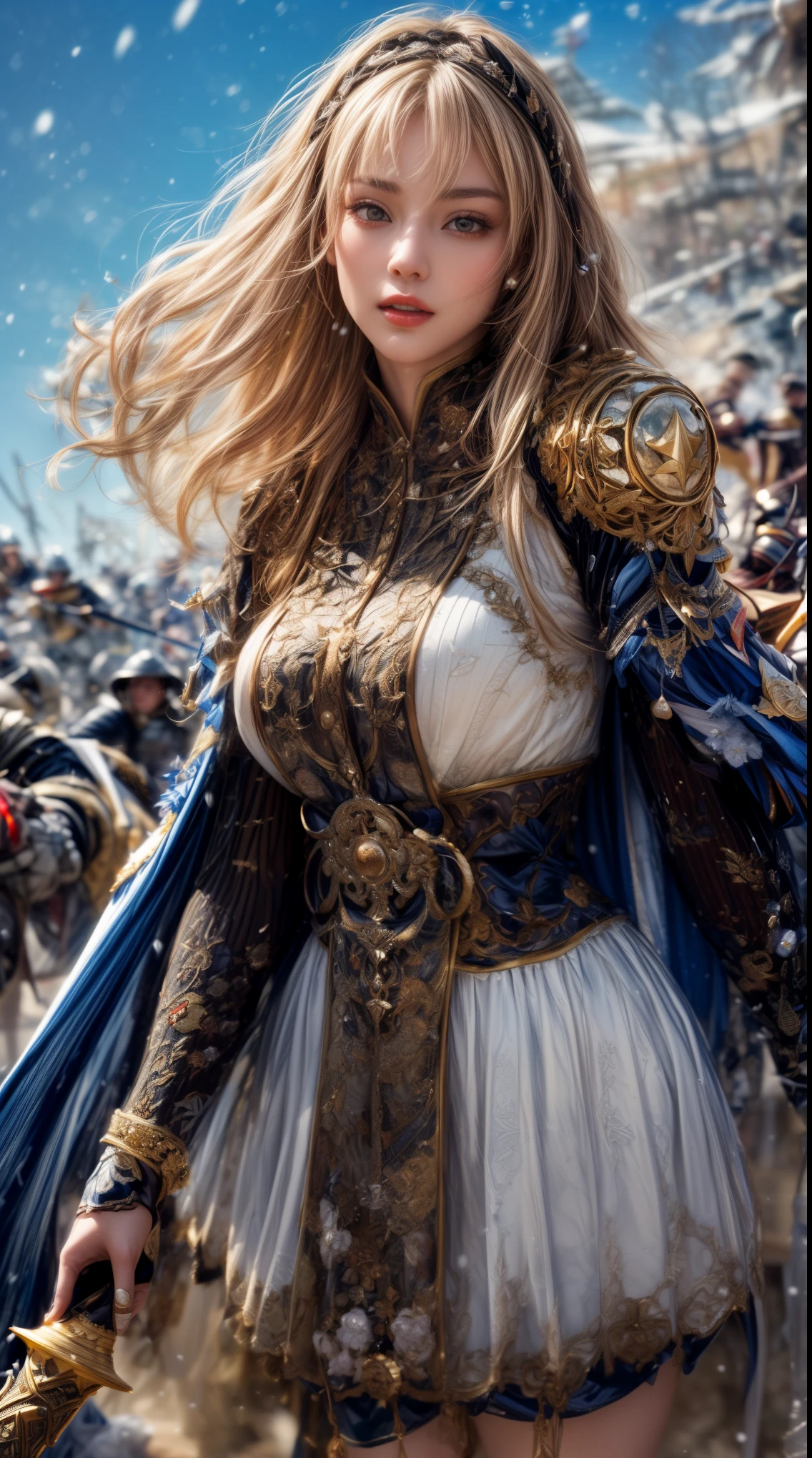 A woman in a dress and cape holding a sword in front of a crowd - SeaArt AI