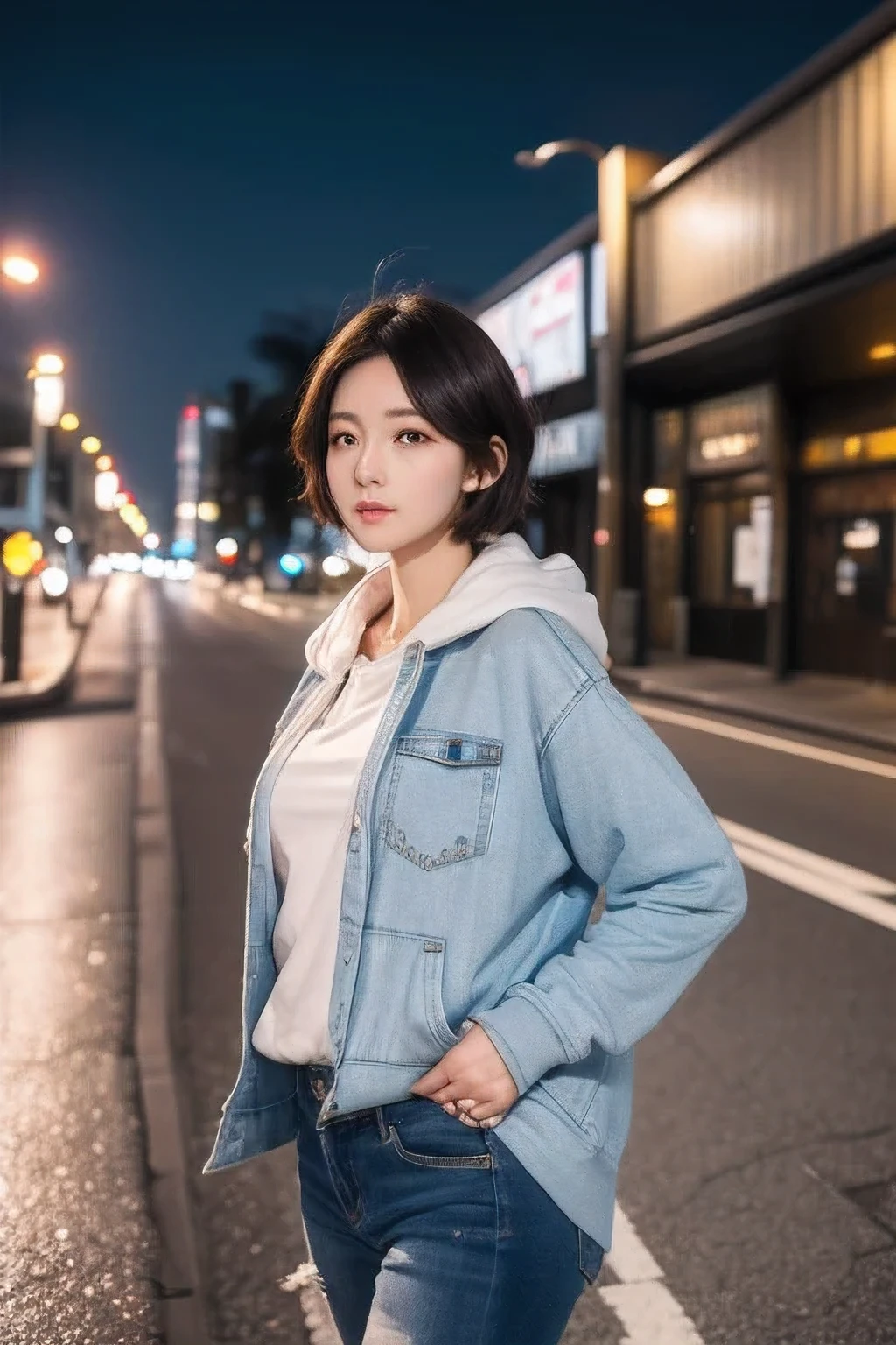 (8k, RAW photo, best quality, masterpiece:1.2), (realistic, photo-realistic:1.37), ultra-detailed, 1 woman, solo, beautiful detailed sky, detailed tokyo street, (night:1.2), beautiful detailed eyes, hoodie, denim, (short hair), hair blowing in the wind, floating hair