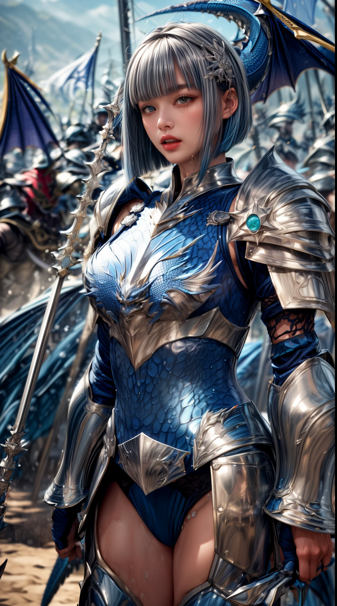 Very beautiful woman、Slender women、(Detailed face)、Realistic Skin、((Water Knight)), ((Navy Blue Armor))、((((Dark blue armor with very fine platinum detailing:1.5))))、((Delicate photo)),(Girl Astepeace RAW Photo Details:1.25), (highest quality:1.6), (超A high resolution:1.5), (Realistic:1.75), 8K resolution, Canon EOS R5, 50mm, Absurd, Super detailed,Cinema Lighting,((Fightfield))、((Fight))、(((White skirt with embellishments)))、Thigh-high socks、Shingard、((Light blue hair))、((Bowl cut hairstyle with bangs))、(Six Pack:1.1)、Cape、Beautiful Armor、(((Has a huge weapon)))、(In combat)、The wind is blowing、((Symmetrical armor))、((((splash:1.1))))、(((Leads a large group of blue knights:1.2)))、banner、(Armor with a dragon motif)、(((Battle Scenes)))、(((blue Dragon)))、((Browsing Caution))、((Pastel blue lace panties))、bite