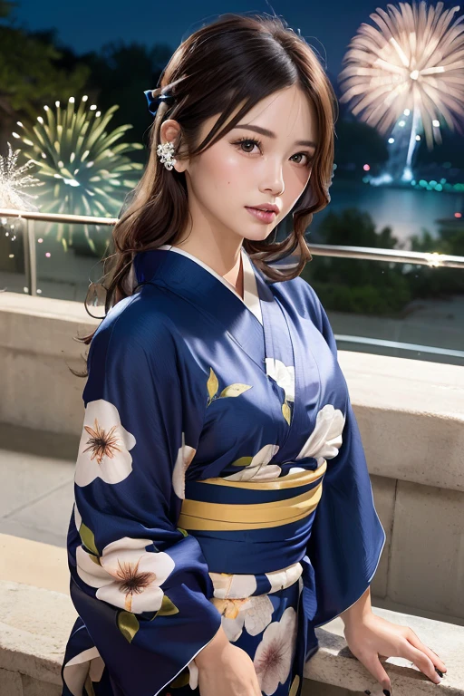 (Tabletop:1.3), High resolution, Ultra-detailed, Highly detailed CG Unity 8k wallpaper, Realistic, Photorealistic, RAW Photos, Beautifully detailed face, Pale skin, Realistic glowing skin, Detailed cloth texture, Detailed hair texture, Perfect body, Beautiful Face, Accurate, Anatomically correct, Highly detailed face and skin texture, Natural neck length, (Beautiful Hands), (Fair skin:1.2), Thin legs, Thin legs, (Teeth alignment:1.1), Sweaty skin,
break,
Fine grain, Symmetrical eyes, Light brown eyes, Thin eyebrows, (Glossy lips:1.4), (Lonely face:1.1), (blush:1.2), (Sparkly little hair accessories:1.1),
break,
(Classy girl:1.3), (wear (navy blue yukata:1.2) White floral pattern),
break,
((Close-up shot:1.3)),
Medium chest, Slim figure, Toned Abs,
((Updo, Dark blonde hair, Wavy Hair, Long Hair, Asymmetrical bangs:1.2)),
break,
((Stand on the stairs with your hands on your face:1.2)), ((In the night sky behind the riverside terrace、Countless colorful fireworks are launched:1.1)),