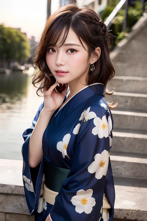 (Tabletop:1.3), High resolution, Ultra-detailed, Highly detailed CG Unity 8k wallpaper, Realistic, Photorealistic, RAW Photos, Beautifully detailed face, Pale skin, Realistic glowing skin, Detailed cloth texture, Detailed hair texture, Perfect body, Beautiful Face, Accurate, Anatomically correct, Highly detailed face and skin texture, Natural neck length, (Beautiful Hands), (Fair skin:1.2), Thin legs, Thin legs, (Teeth alignment:1.1), Sweaty skin, 
break, 
Fine grain, Symmetrical eyes, Light brown eyes, Thin eyebrows, (Glossy lips:1.4), (Lonely face:1.1), (blush:1.2), (Sparkly little hair accessories:1.1), 
break, 
(Classy girl:1.3), (wear (navy blue yukata:1.2) White floral pattern), 
break, 
((Close-up shot:1.3)), 
Medium chest, Slim figure, Toned Abs, 
((Updo, Dark blonde hair, Wavy Hair, Long Hair, Asymmetrical bangs:1.2)), 
break, 
((Stand on the stairs with your hands on your face:1.2)), ((In the night sky behind the riverside terrace、Countless colorful fireworks are launched:1.1)),