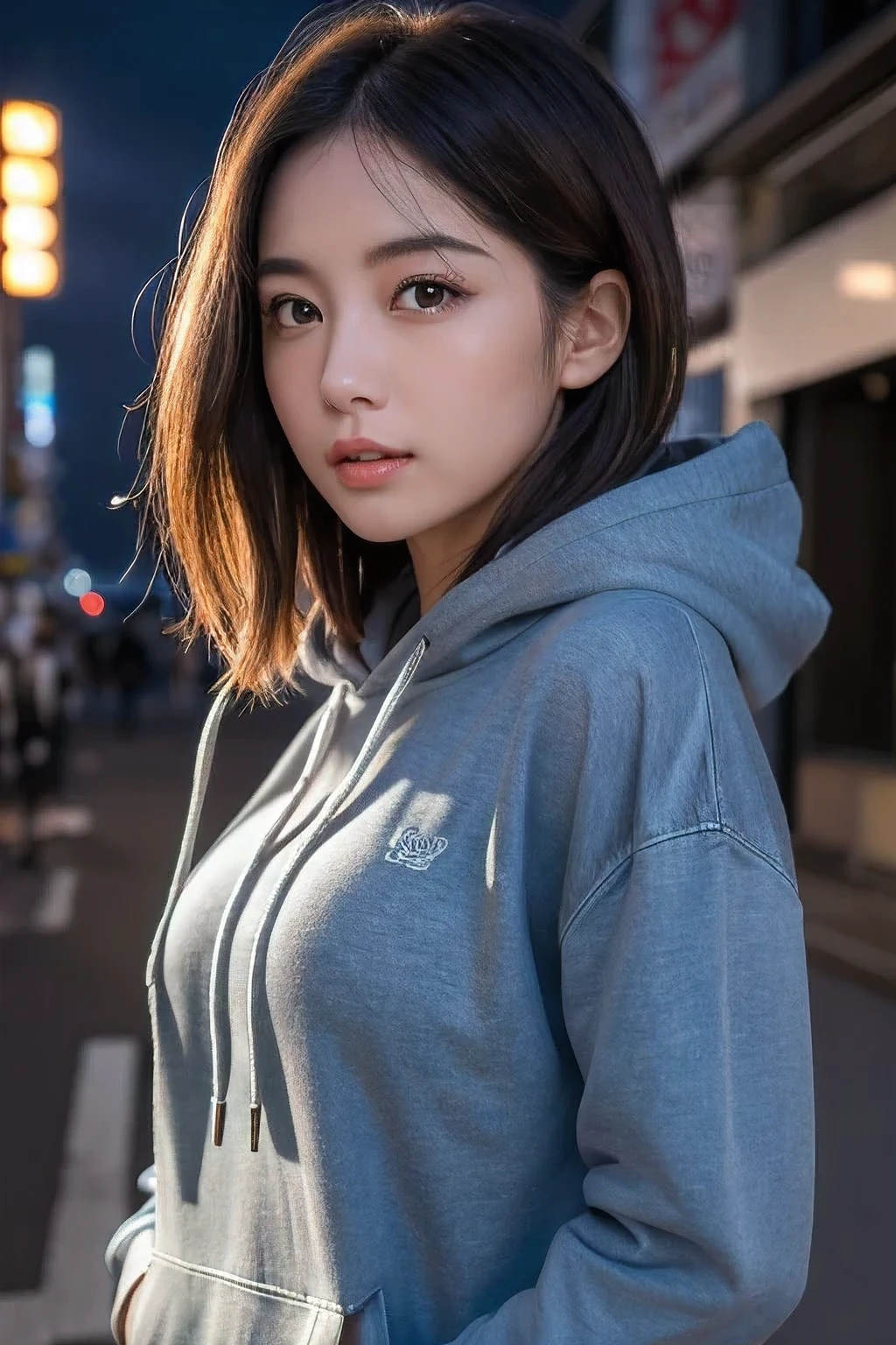 (8k, RAW photo, best quality, masterpiece:1.2), (realistic, photo-realistic:1.37), ultra-detailed, 1 woman, solo, beautiful detailed sky, detailed tokyo street, (night:1.2), beautiful detailed eyes, hoodie, denim, (short hair), hair blowing in the wind, floating hair
