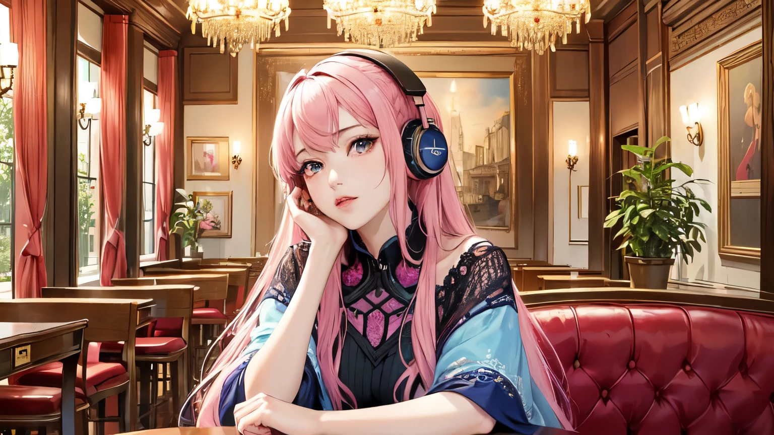 (masterpiece, highest quality, highest quality, Official Art, beautifully、aesthetic:1.2), (One girl), Very detailed,(Fractal Art:1.3),colorful,Most detailed pink hair、I have headphones on。
In a fashionable café、Drinking coffee。