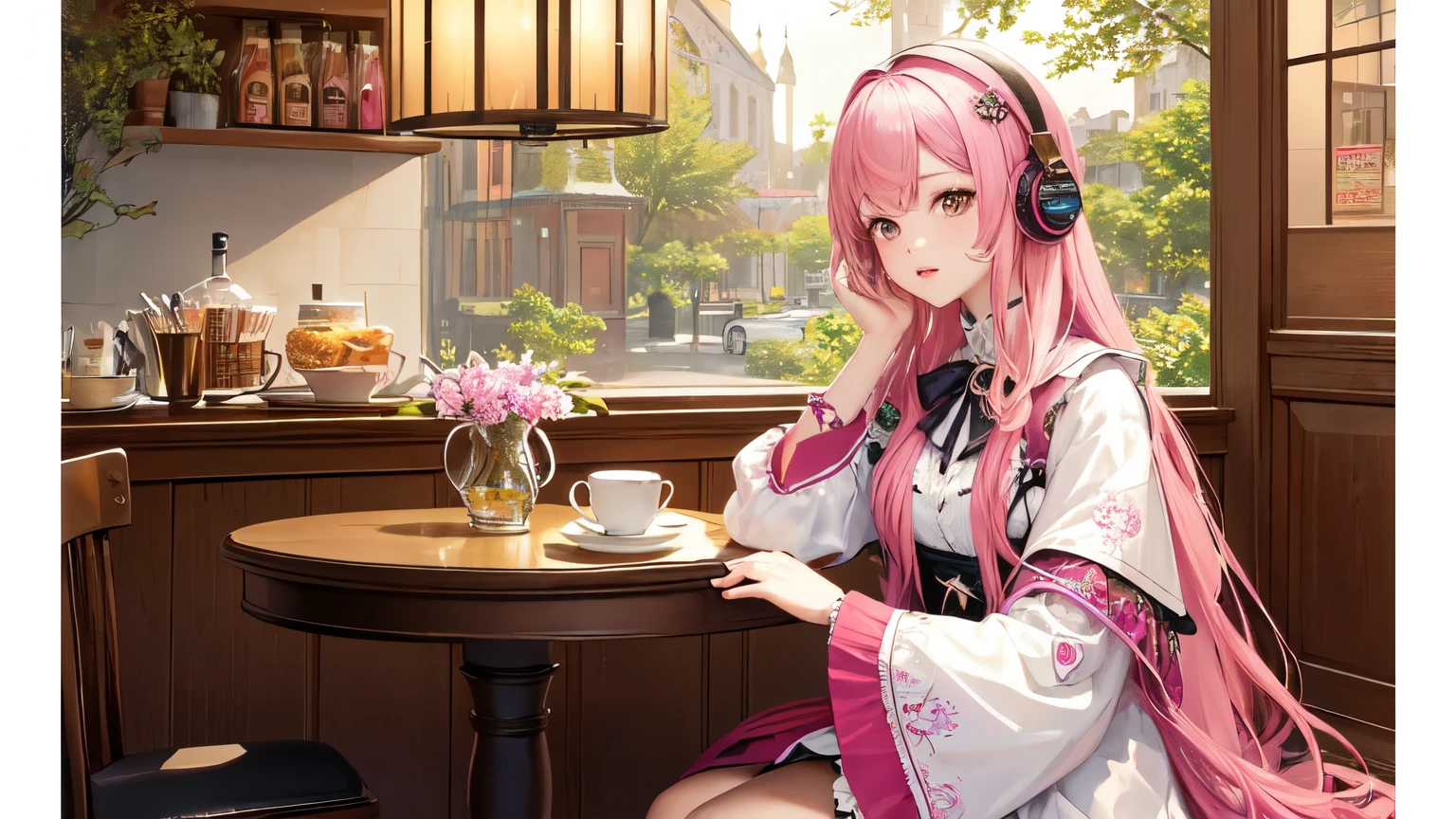 (masterpiece, highest quality, highest quality, Official Art, beautifully、aesthetic:1.2), (One girl), Very detailed,(Fractal Art:1.3),colorful,Most detailed pink hair、I have headphones on。
In a fashionable café、Drinking coffee。