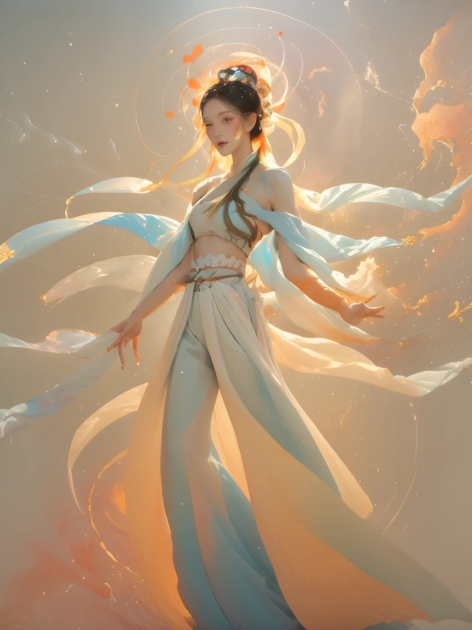 (1 Girl:1.4),Solitary, Gorgeous, Extremely detailed,(Joshua Middleton Comic Cover Art:1.1), (Action painting:1.2),(Concretism:1.2),(Hyperpolarization:1.5),rich and colorful,The most detailed,white gray background, White Hanfu, Pastel colors, (masterpiece, Top quality, best quality, Official Art, beautiful and aesthetic:1.2),