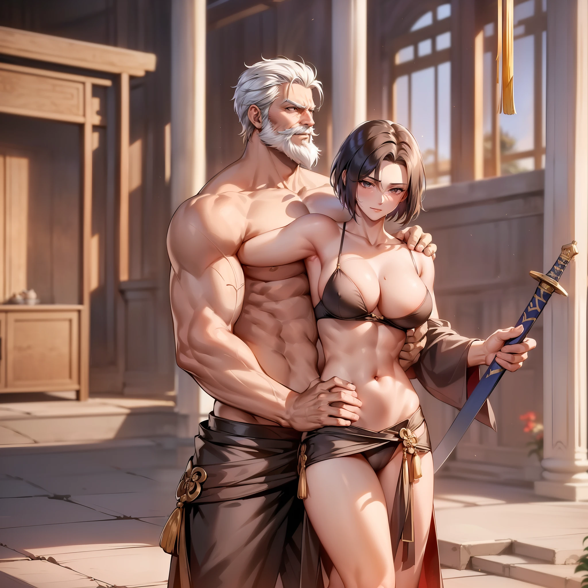 The emperor is a rugged and burly old man (tall body, handsome,shirtless,beard,short hair,hug,  being arrogant,wearing robe,bad,   wearing the clothes of an ancient Chinese king) making out with a girl concubine (age 22, beautiful, slender body, radiant skin ,short hair, wearing dudou, show armpits, full colour dudou,Breasts are visible but nipples are covered , clothes almost split in half,  defended with an embarrassed face )an ancient royal chamber chinese,good looking,8k,masterpieces:1,5,whole full body,  oldman is taller than girl.