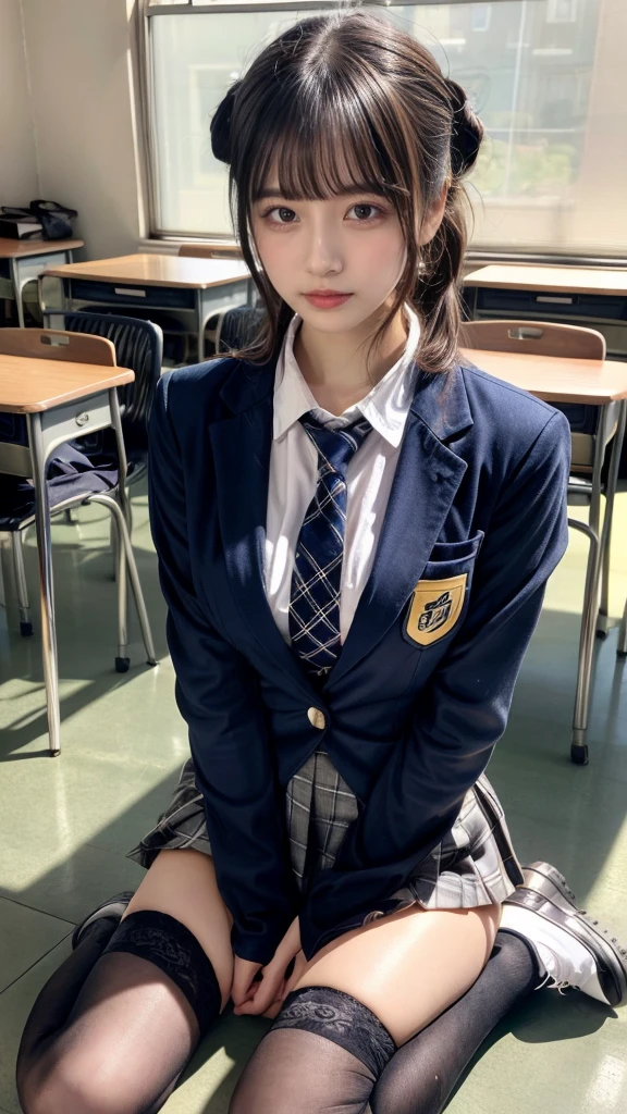 masterpiece, best quality, illustration, Super detailed, fine details, High resolution, 8K,wall paper, perfect dynamic composition,(Details High quality, realistic depiction of eyes:1.3), High School Classroom、High school girl uniform、blazer 、Super Short Check Uniform Skirt、Navy blue high socks、garterbelts、plump breasts, Disturbed uniform, (updo:1.2), black hair color, large breasts, Big Natural Color Lip, bold sexy pose, (perfect body shape), crying a little、20 year old girl、cute type, beautiful legs, hposing Gravure Idol, Voluptuous thighs