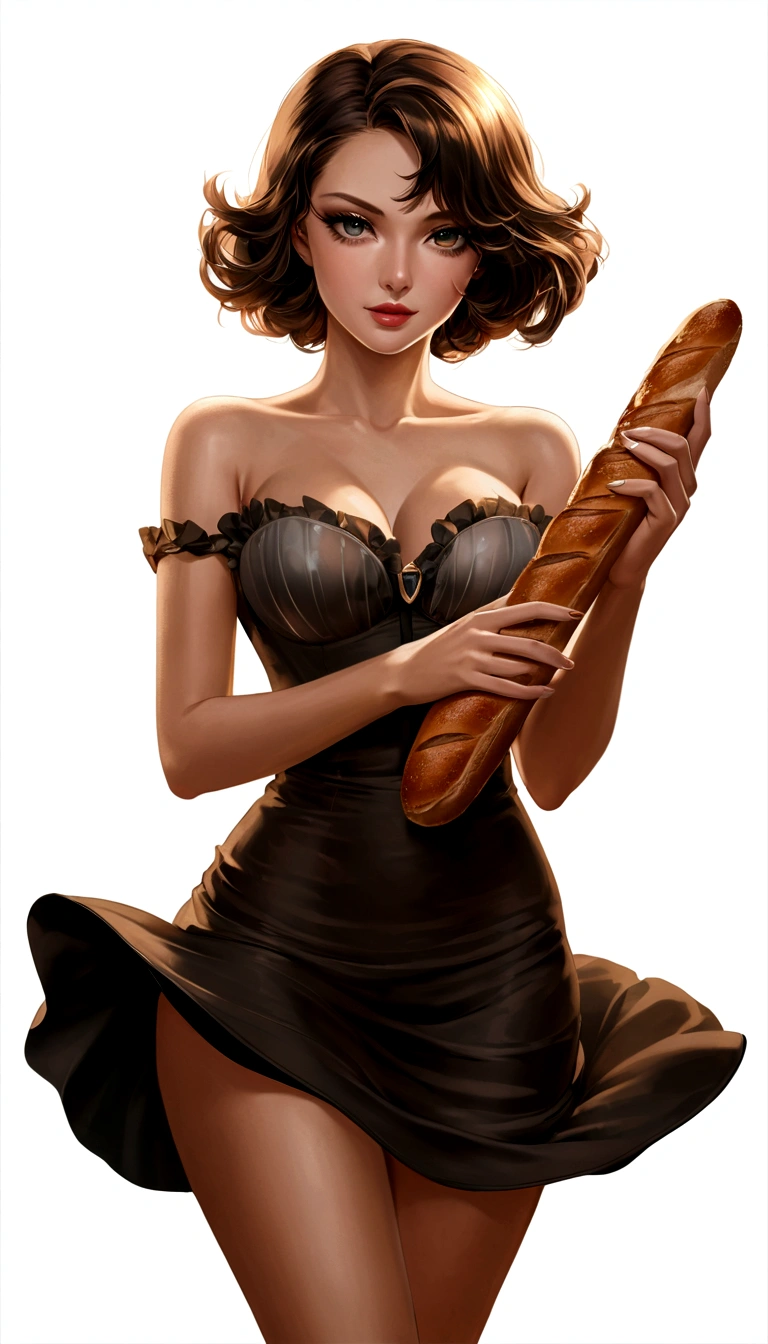 A captivating, anime-style illustration of a stunning young woman with an elegant bust and hourglass figure, dressed in a short, tight minidress. (big breasts, transparent clothing, visible nipples:1.3). Her hair cascades in soft waves past her shoulders, framing her captivating eyes. She seductively holds a baguette, her gaze inviting the viewer into her Parisian fantasy. Captured in a waist-up view, the image is rendered in photorealistic detail, perfectly showcasing the woman's beauty and allure.