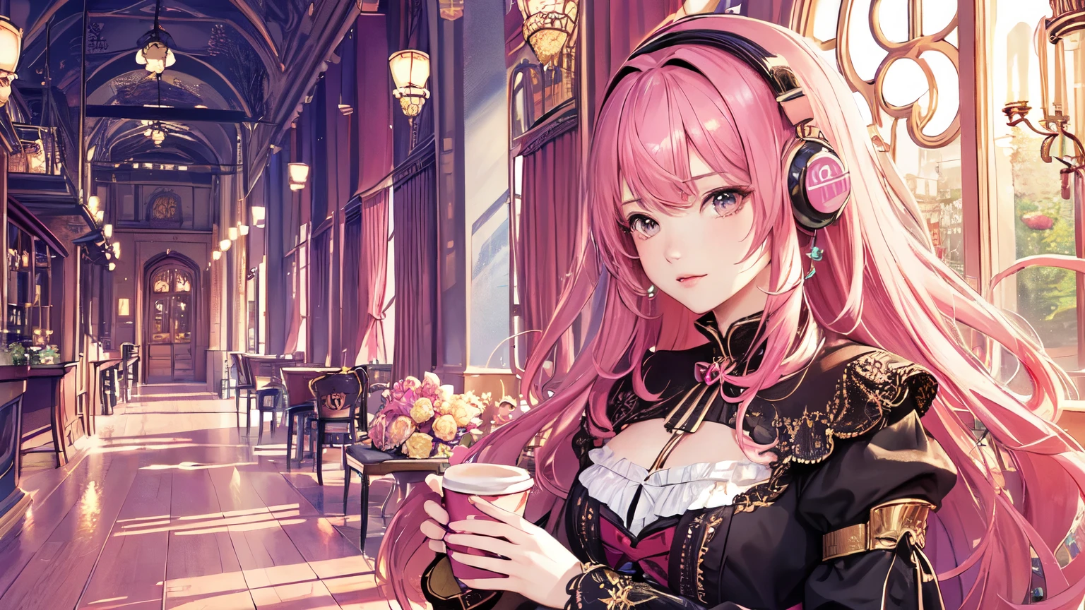 (masterpiece, highest quality, highest quality, Official Art, beautifully、aesthetic:1.2), (One girl), Very detailed,(Fractal Art:1.3),colorful,Most detailed pink hair、I have headphones on。
In a fashionable café、Drinking coffee。