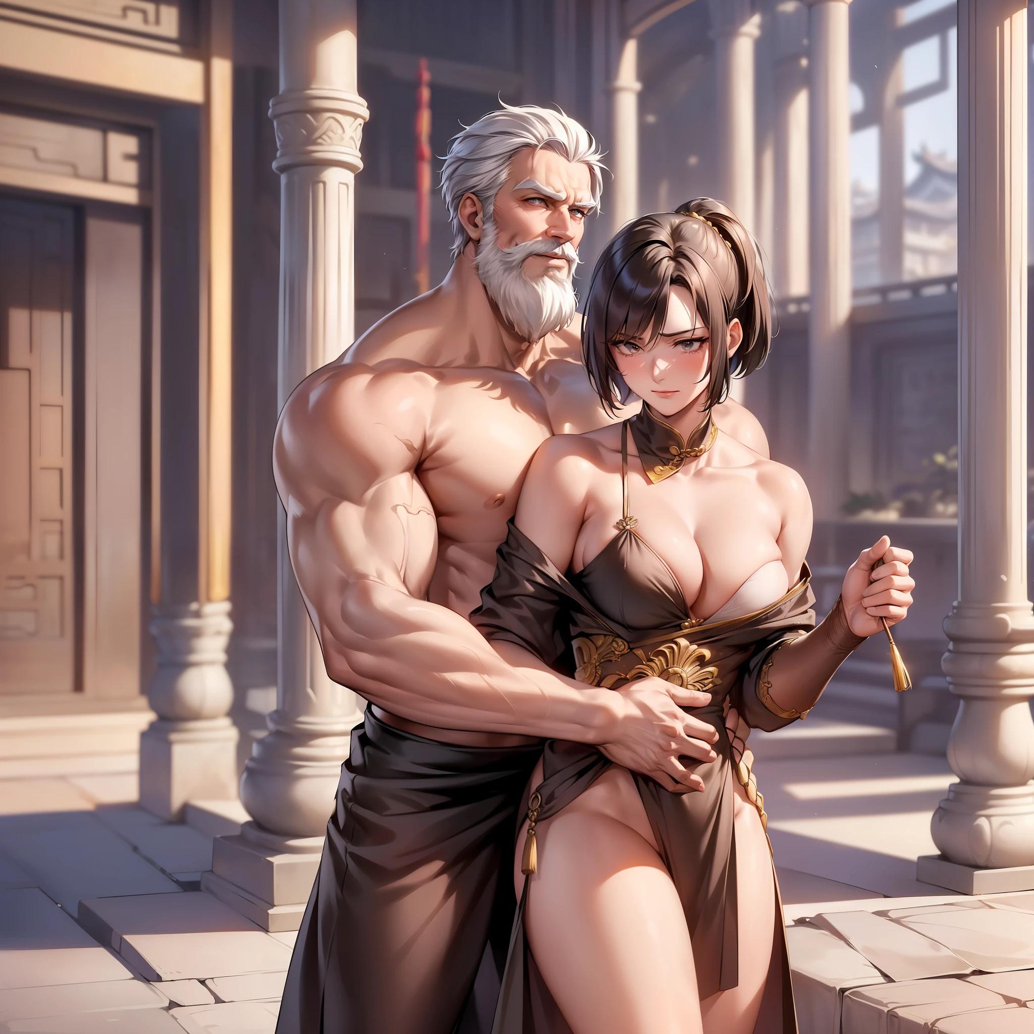 The emperor is a rugged and burly old man (tall body, handsome,shirtless,beard,short hair,hug, being arrogant towards someone who sees it by tugging at a girl's bra until it is loose and torn,wearing robe,bad, wearing the clothes of an ancient Chinese king , carrying a sword ) making out with a girl concubine (age 22, beautiful, slender body, radiant skin ,short hair, wearing dudou, show armpits, Breasts are visible but nipples are covered , clothes almost split in half, defended with an embarrassed face )an ancient royal chamber chinese,good looking,8k,masterpieces:1,5,whole full body, oldman is taller than girl.