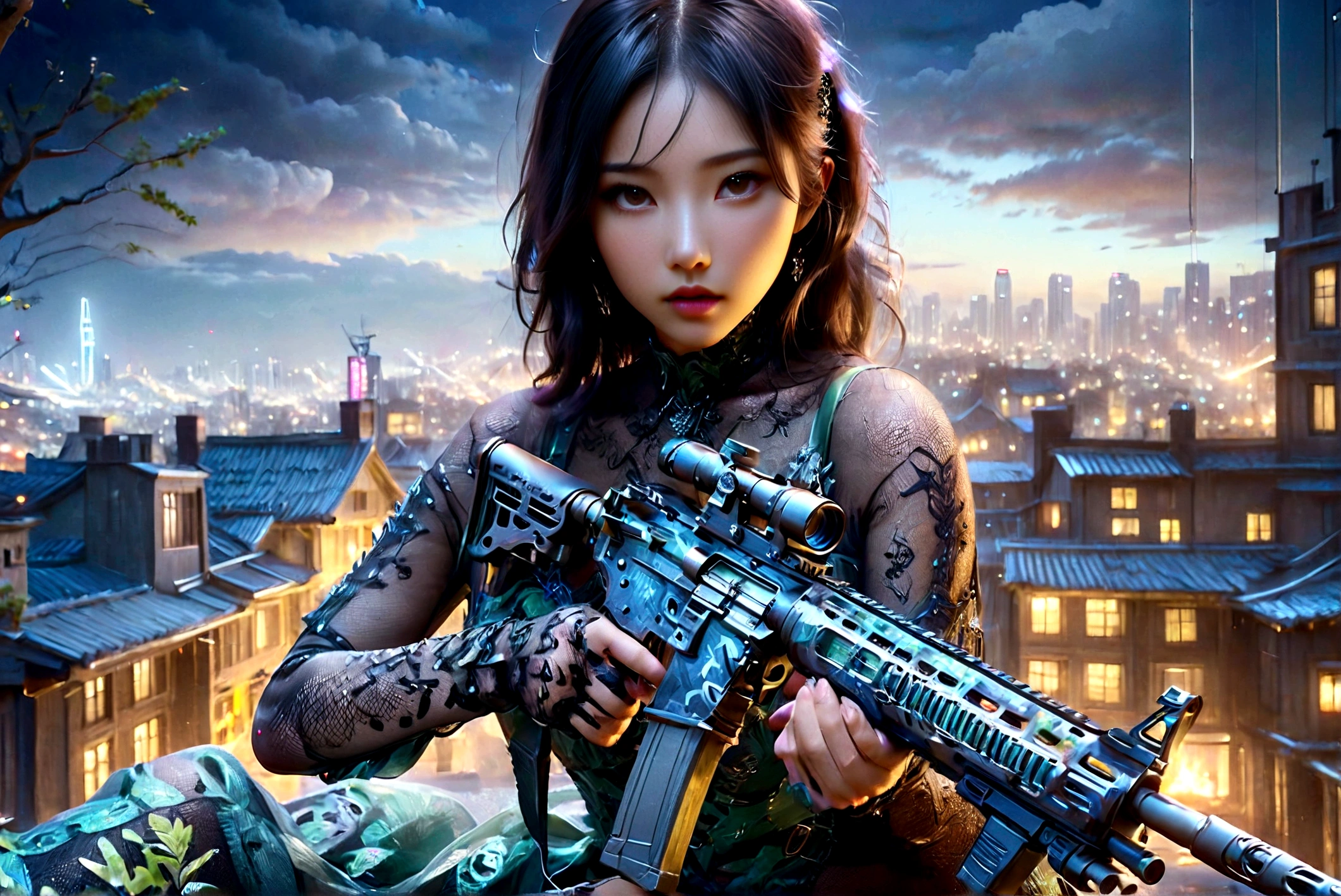beautiful asian woman, , large breasts, black hair in double buns, wearing latex bodysuit in night camo pattern with night camo makeup, holding assault rifle, in front of cityscape at night, dark background, full body portrait, master of Fangzhongshu, immortal, (best quality, 4k, 8k, highres, masterpiece:1.2), ultra-detailed, (realistic, photorealistic, photo-realistic:1.37), HDR, studio lighting, extreme detail description, vivid colors, cinematic lighting