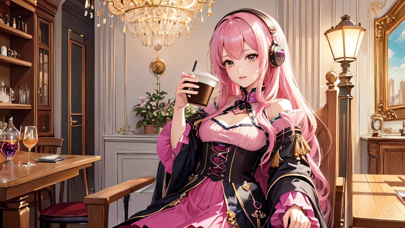 (masterpiece, highest quality, highest quality, Official Art, beautifully、aesthetic:1.2), (One girl), Very detailed,(Fractal Art:1.3),colorful,Most detailed pink hair、I have headphones on。
At the coffee shop、Drinking coffee。