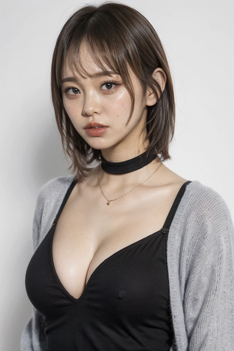(highest quality,8k,32k,masterpiece,Ultra-high resolution:1.2),smile, Front facing, Professional Lighting, Flash photography, Shaded photos, Beautiful Japanese women in photos,Big cleavage,Very short bob hair,Upper Body,Face Focus,Extra Large_sweater,Choker Necklace,Gray background, ((Black clothing with a wide open chest:1.2, Tight clothing:1.2))