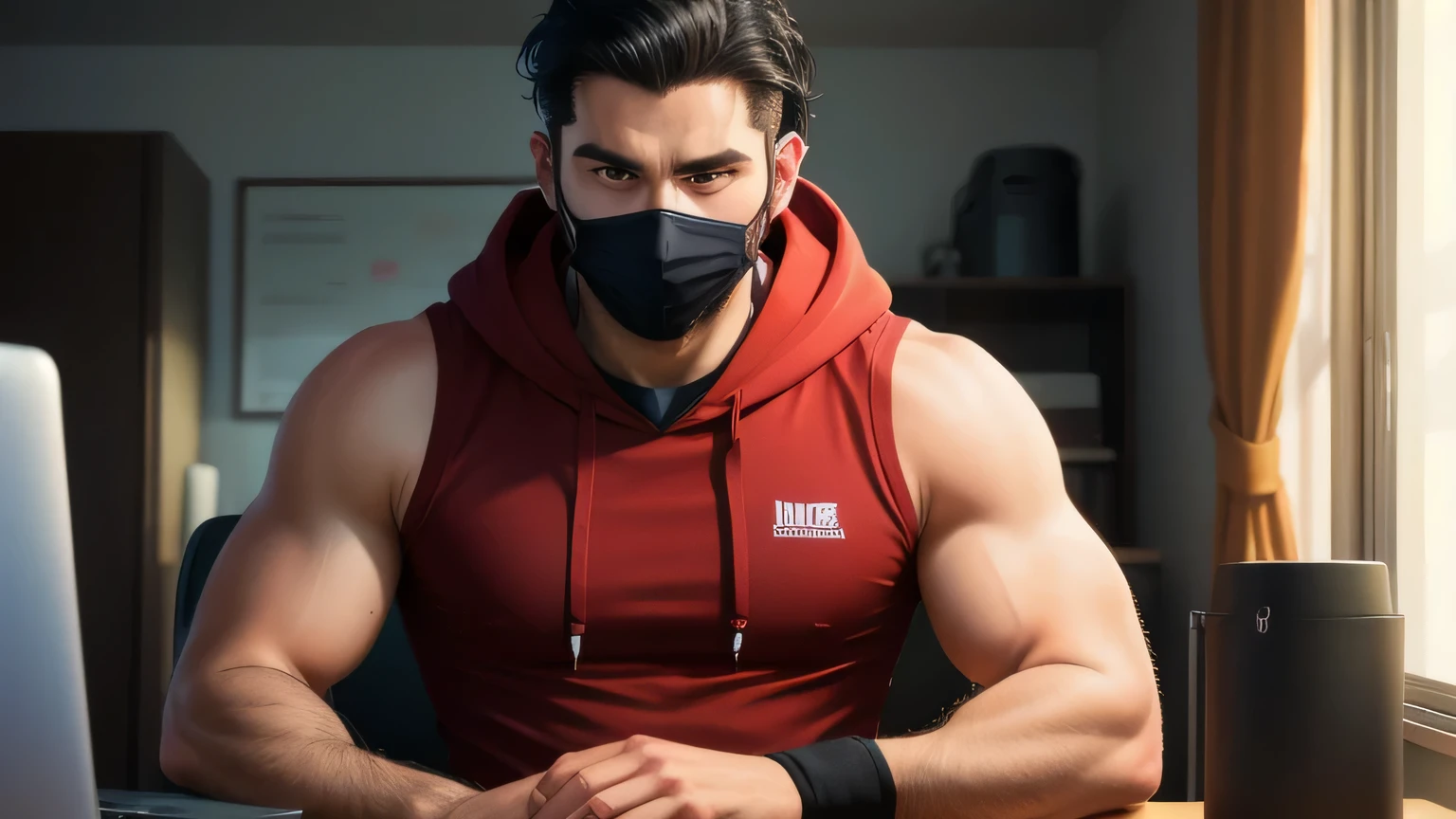 ((best quality)), ((masterpiece)), (detailed), realistic and detailed image of a man in his 30s, mascular, black hair, latin features, brown skin, sitting in front of a computer in a bedroom at night, wearing a face mask, Anime-styled, minimalist business character, clad in a sleeveless red and black hoodie, is depicted in high-resolution, 8K, exemplifying a masterpiece. He sits poised behind his laptop in his office, arms rested on the desk under volumetric red lighting that fills the room, creating an atmosphere of focus and intensity. His hands, wrapped in hand wraps, rest calmly, reflecting his masculine build. The overall image possesses a connection to minimalism, featuring a flat illustration, bold lines, and a simplified, gouache-like quality. The character faces the camera directly, his posture straight and centered, conveying a sense of purpose