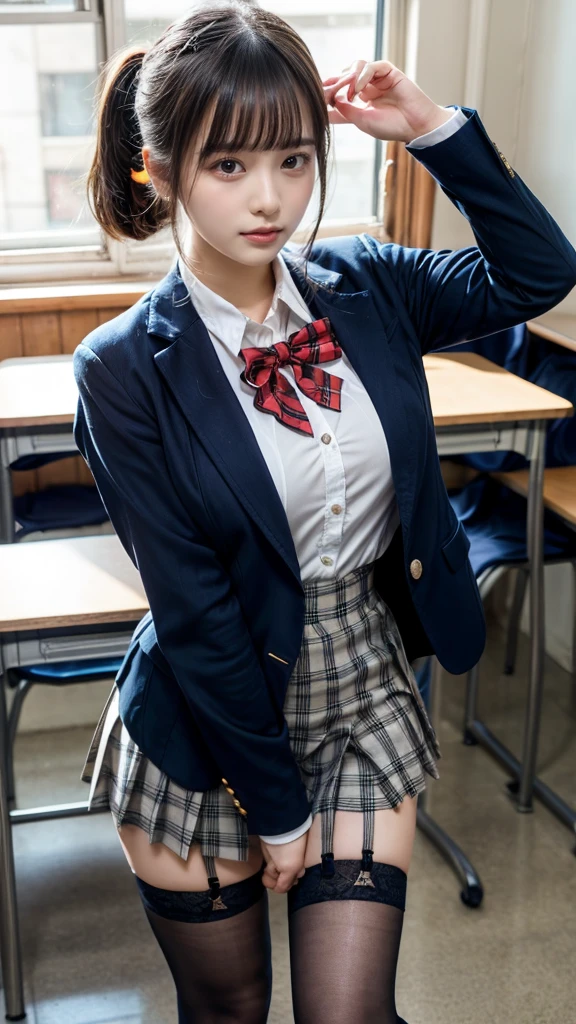 masterpiece, best quality, illustration, Super detailed, fine details, High resolution, 8K,wall paper, perfect dynamic composition,(Details High quality, realistic depiction of eyes:1.3), High School Classroom、High school girl uniform、blazer 、Super Short Check Uniform Skirt、Navy blue high socks、garterbelts、Colossal tits, Disturbed uniform,  (updo:1.2), black hair color, large breasts, Big Natural Color Lip, bold sexy pose, (perfect body shape), crying a little、20 year old girl、cute type, beautiful legs, hposing Gravure Idol, Voluptuous thighs