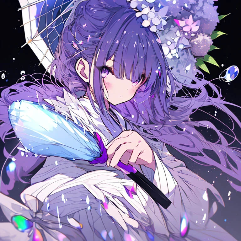 1 girl、Ample breasts、Mature、Purple Hair、Long Hair、ponytail、Drill curl long hair、Holding a transparent umbrella、Lots of soap bubbles、prism、hydrangea、Sailor suit、High resolution、highest quality