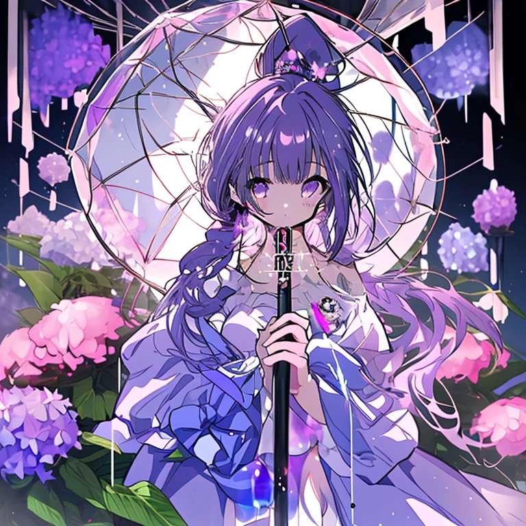 1 girl、Ample breasts、Mature、Purple Hair、Long Hair、ponytail、Drill curl long hair、Holding a transparent umbrella、Lots of soap bubbles、prism、hydrangea、Sailor suit、High resolution、highest quality