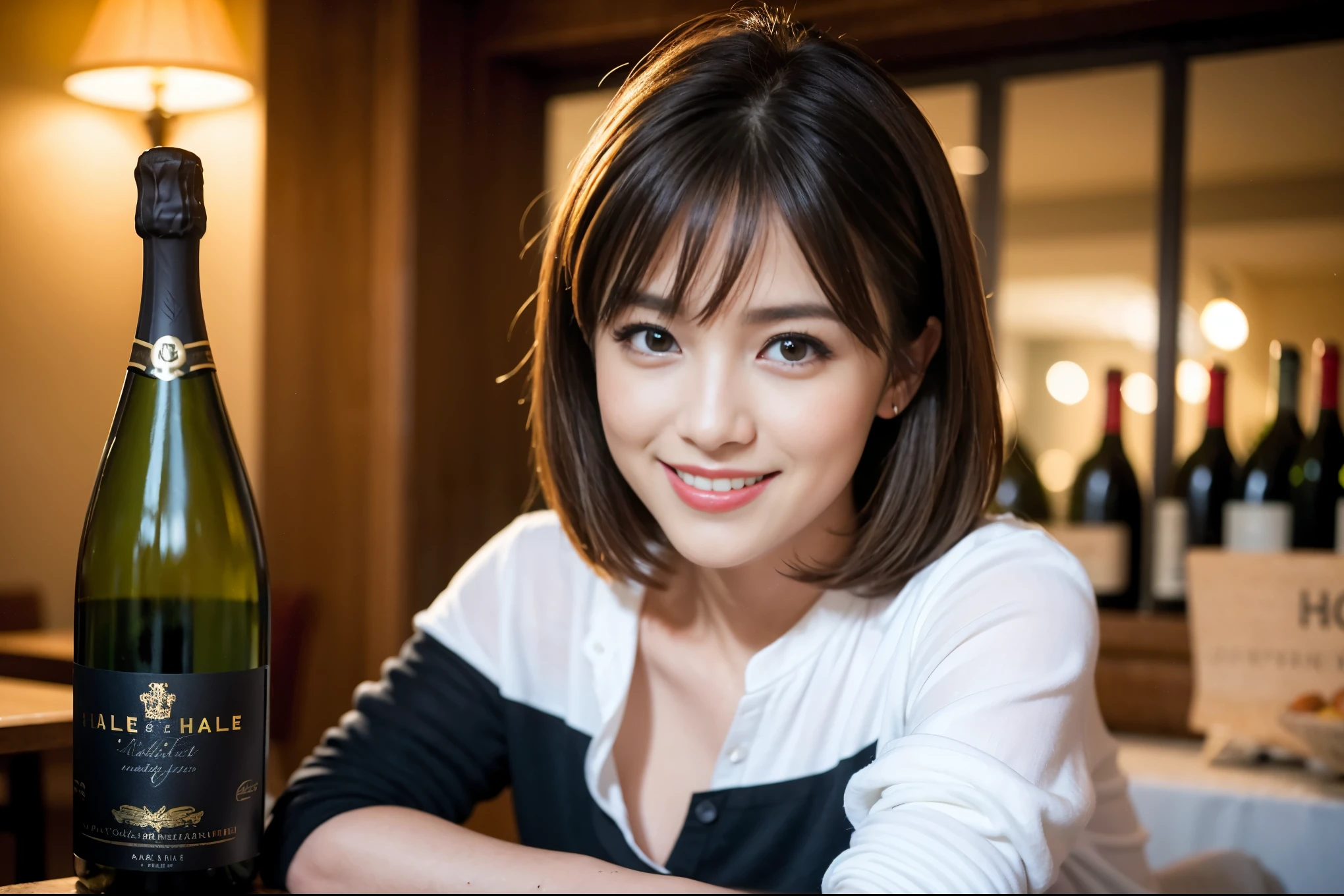 ((highest quality、8k、masterpiece:1.3))、beauty、1 male 1 female、lover、Lover couple、Spouse、half、The body is slim、((Bob Hale、Straight hair:1.2)), (Realistic, Intricate details:1.2), full-course dinner,テーブルの上のwine glass、Put the light on your face、 Amazing view of the sunset sky and clouds、A bright smile、The wonderfulness of smile、Bright image、The beauty of wine, Beautiful Face, blue eyes, The light shines on your face, Blushing, short hair,Bright Face、 (45 years old), 39 years old, red wine 、Appetizers、Italian food、Wine bottle、Champagne、sparkling wine、Two beauties、Brown Hair、Shortcuts、Long sleeve shirt、dress、Pretty Woman 1, (slimな顔), (The body is slim), (Brown Hair), (Shortcuts), cheeks turn a little red,Attractive beauty、restaurant, In a prominent place (From the waist up) Nova Frog Style, actress, model, Upper Body, White wine, slim, wine glass, A wine glass placed in the center, smile, (smile: 1.15), Beautiful fine grain, Depth f/2,saturation, High Contrast, Strong light and shadow,Moist Body:1.5、3D texture、Delicate eyes、Brown Hair、The hair is very shiny、