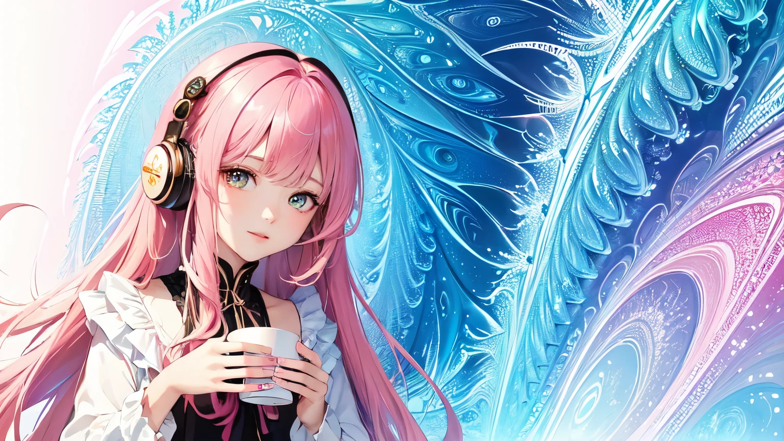 (masterpiece, highest quality, highest quality, Official Art, beautifully、aesthetic:1.2), (One girl), Very detailed,(Fractal Art:1.3),colorful,Most detailed、Pink rainbow hair、I have headphones on。
In a fashionable café、Drinking coffee。