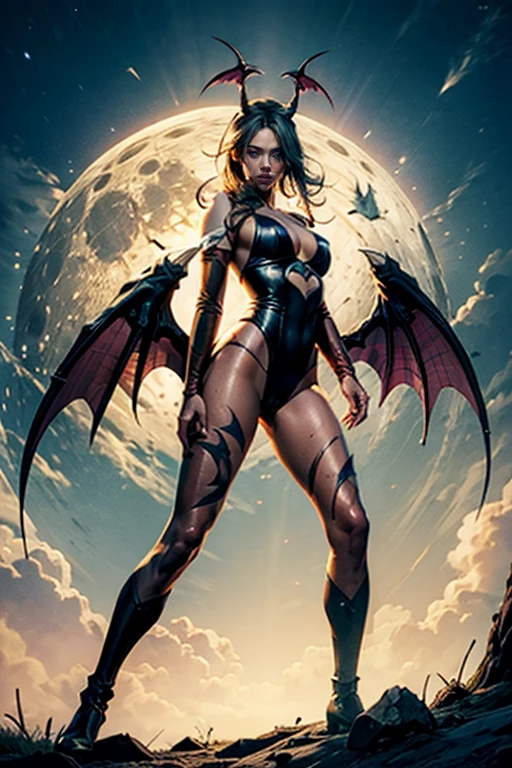 Scarlett Johansson em Creative Artistry Print de Morrigan Aensland Personagem do jogo Darkstalkers em estilo hiper realista, with bat wings on the head, ((asas de morcego nas costas)), ((cabelo verde)), cabelo longo, black swimsuit, pantyhose purple, Beige gloves covering the entire arm, bota preta, par de botas pretas, medium bust, rosto de pele branca, arte de corpo inteiro, a noite, lunar illumination.