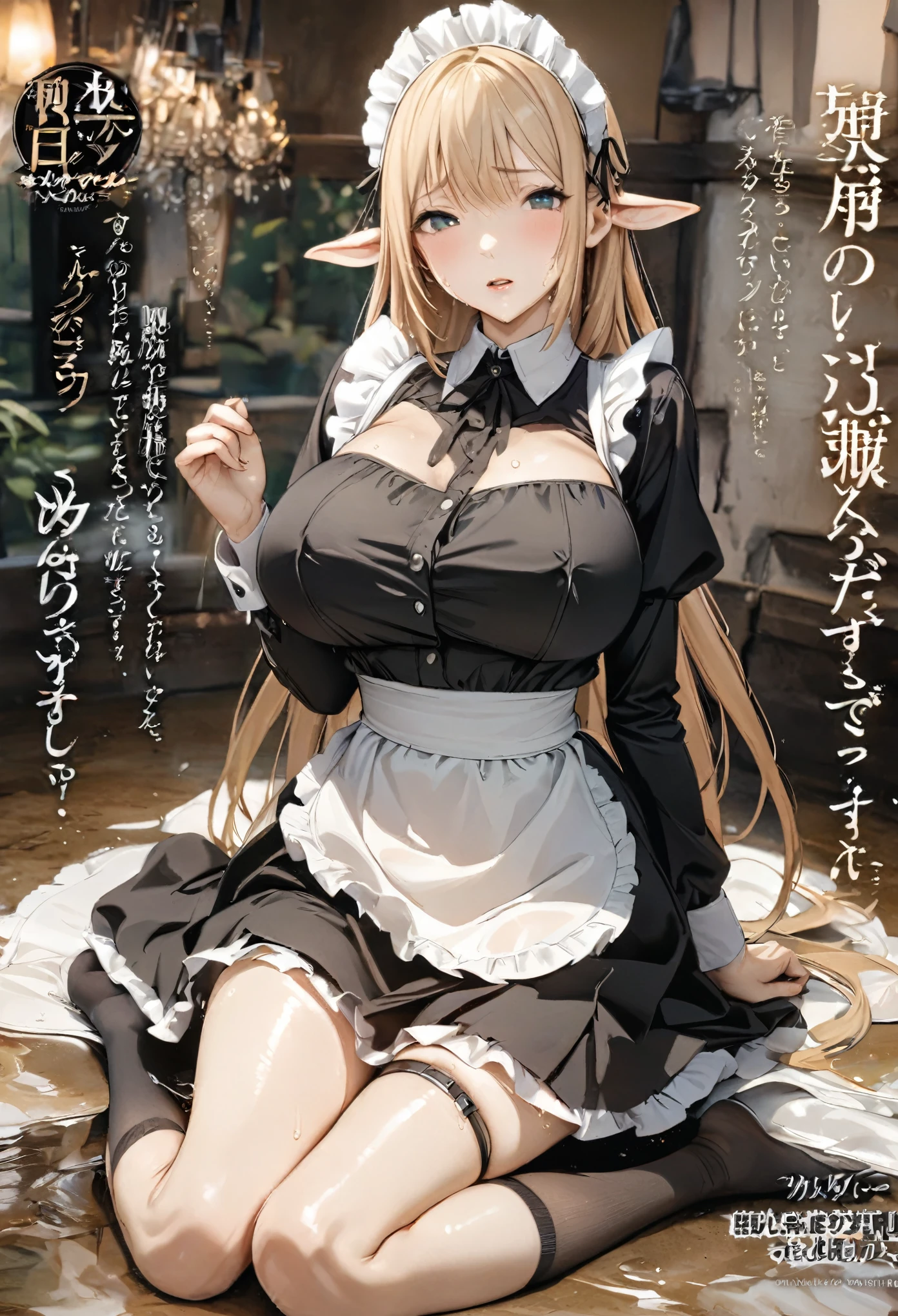 Magazine cover(masterpiece, best quality:1.2),Maid,(((The eyes are delicate)))Whole body wet((Maid衣服))Socks,Wet floor(8K)(HD)