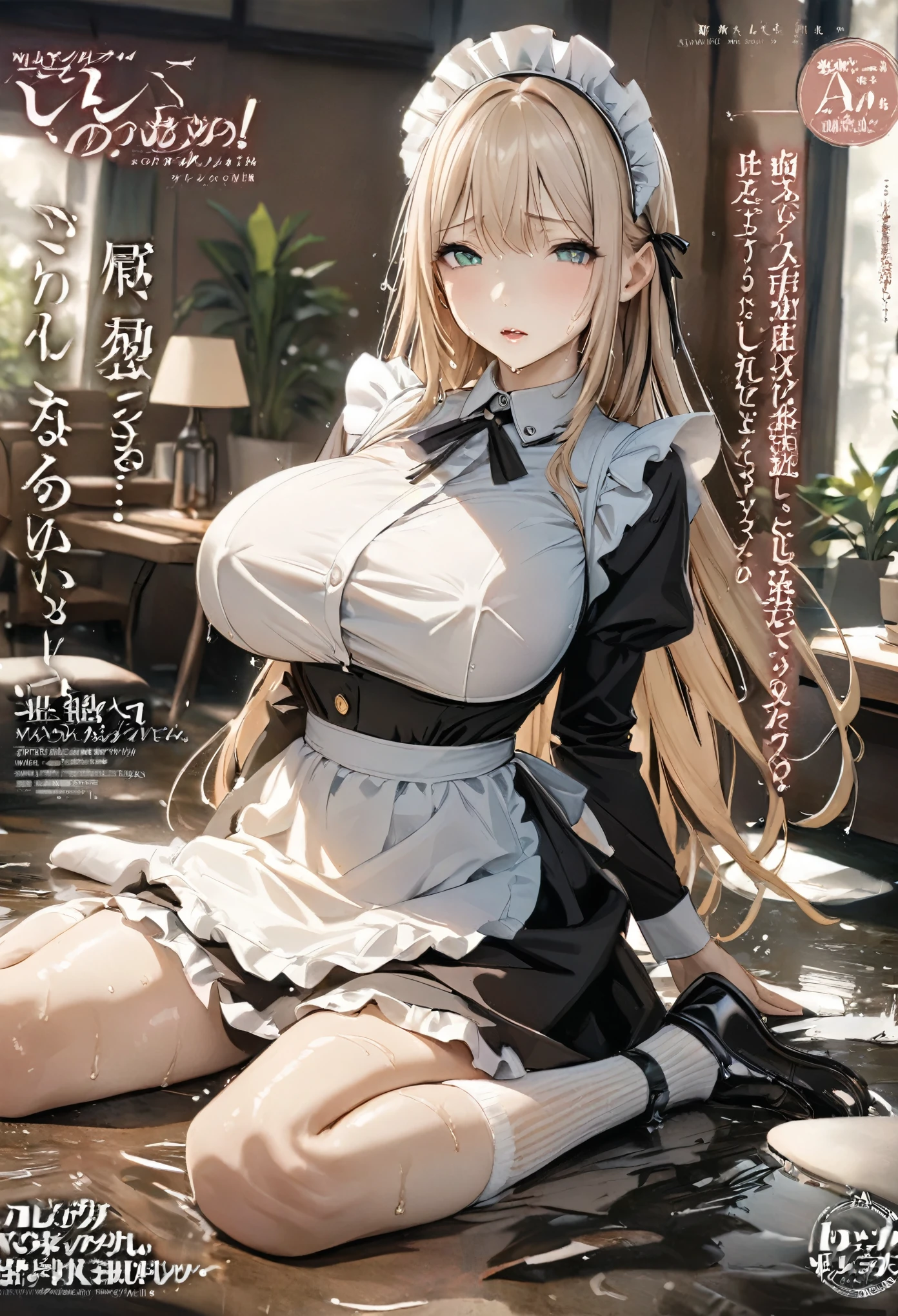 Magazine cover(masterpiece, best quality:1.2),Maid,(((The eyes are delicate)))Whole body wet((Maid衣服))Socks,Wet floor(8K)(HD)
