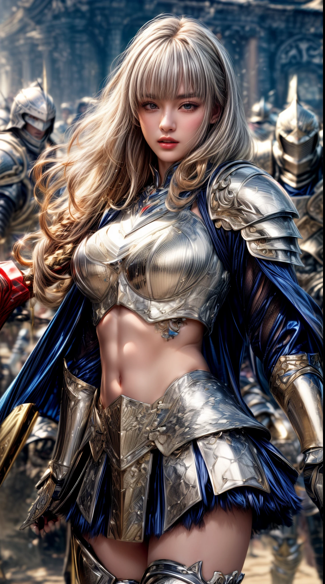 Very beautiful woman、Slender women、(Detailed face)、Realistic Skin、((Paladin)), ((Pearl White Armor))、((((Platinum armor of great detail and intricacy:1.5))))、((Delicate photo)),(Girl Astepeace RAW Photo Details:1.25), (highest quality:1.6), (超A high resolution:1.5), (Realistic:1.75), 8K resolution, Canon EOS R5, 50mm, Absurd, Super detailed,Cinema Lighting,((Fightfield))、((Fight))、(((White skirt with embellishments)))、Thigh-high socks、Shingard、((blonde))、((Curly Hair))、((Drill Hair))、((Short hair with bangs and wavy hair,))、(I can see your abs are ripped)、Cape、Beautiful Armor、(((Has a huge weapon)))、(In combat)、((Symmetrical armor))、((((Light shines in))))、(((Lead a large group of knights:1.2)))、banner、Snake Seal、(((Battle Scenes)))、(((White light snake)))、((action))