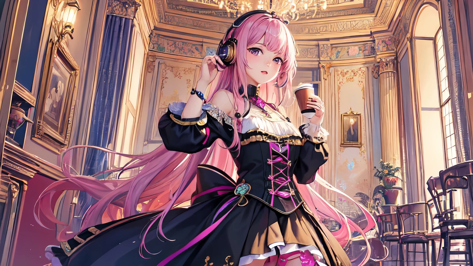 (masterpiece, highest quality, highest quality, Official Art, beautifully、aesthetic:1.2), (One girl), Very detailed,(Fractal Art:1.3),colorful,Most detailed、Pink rainbow hair、I have headphones on。
In a fashionable café、Drinking coffee。