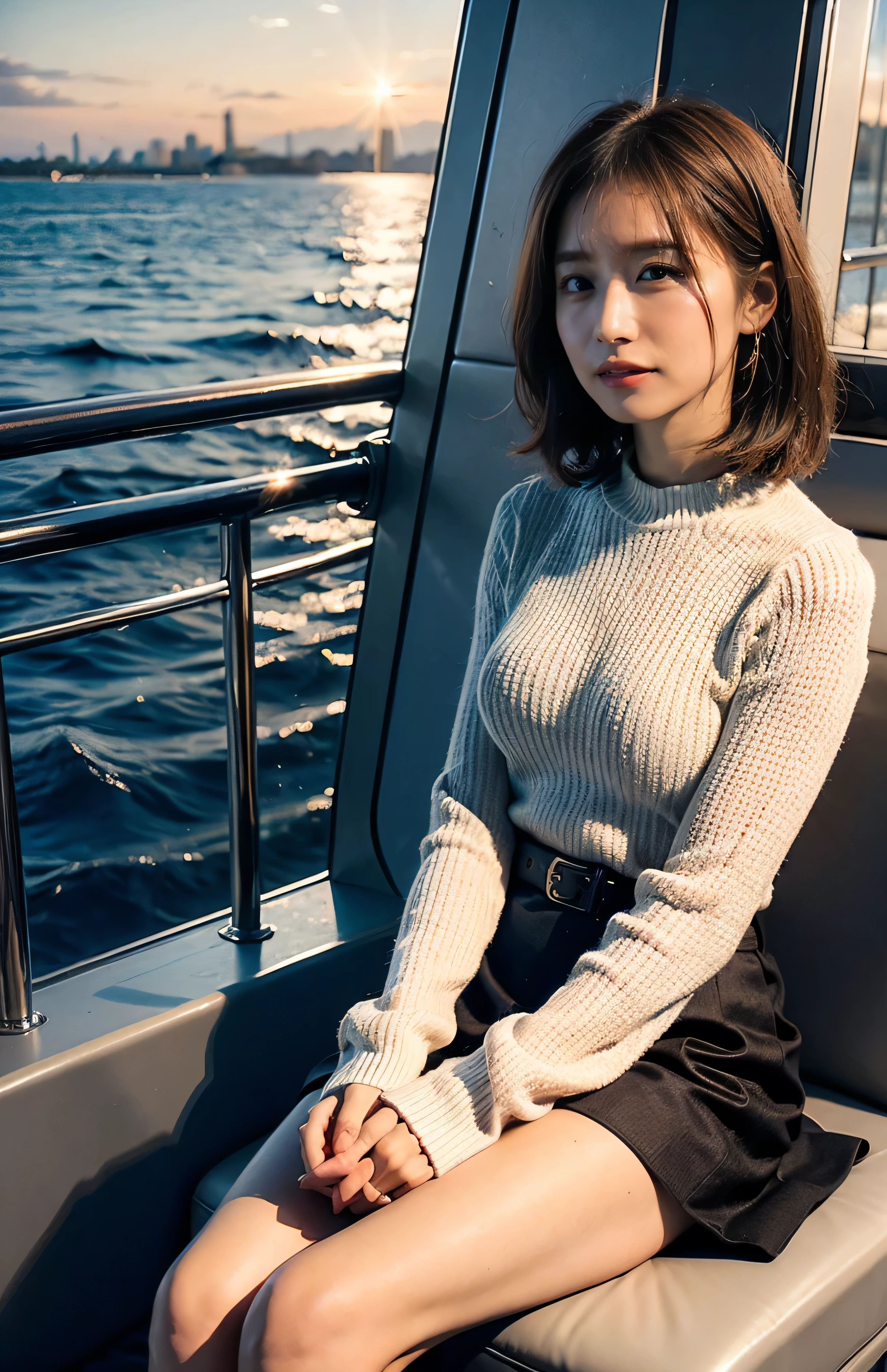 Flip up the skirt、The sky turns red、Woman standing on a boat、Light brown hair、Elegant hairstyle、Blue Eyed Woman、A woman with a cute upward gaze、When the sky gets dark、The gentle light of the ship shines、The sky turns red as the sun sets、Tight clothing that shows your body lines、、Elegant summer knitwear、Elegant summer sweater、belt、Short skirt、Dress elegantly着こなす、Luxury Bags、、((Medium Short Hair:1.4))、Skyscrapers seen across the sea、Manhattan 私sland is visible offshore、Woman on a sightseeing boat、、The sun shines on her、Light brown hair、Light brown hair、The sky was dyed red、There are clouds、private's cute、An elegantly dressed woman is sitting on a boat and watching the sunset、Her ample breasts are obvious even through her clothes..、The shining sun is so beautiful、Dusk is approaching、Lens flare、I can see the sunset、((Sunlight reflecting off the ocean、Ocean View、The sun shines on the sea、'beautiful.、Small earrings、private'evening、Birds are also flying、、Brown Hair Color、Tying up hair、The woman is on the right:1.4))、High-quality leather belt、Shiny clothes、Light beige hair color、Background Blur、Braid only the front hair、Light brown hair、{{Cowgirl Shot}}、((Close-up shot from the waist up、Ample breasts:1.4))、Smile、Silk clothing、Ample breasts that can be seen even through clothes、Braid only the front hair、Cowboy Shot、Gorgeous white collared silk shirt and brown skirt、Dress elegantly、Luxury Bags、A lovely smile、((Ample breasts))、Full body photo、ring、Short skirt、Tuck your hair behind one ear、Silver Necklace、smile、 Elegant ponytail、Caustics、Highly detailed photos、Very beautiful and ideal short hair、Super no makeup、(8k、RAW Photos、highest quality、masterpiece:1.2)、(Realistic、Realistic)、1 girl、((Medium Short Hair、Looking into the camera:1.4))、Hair blowing in the wind