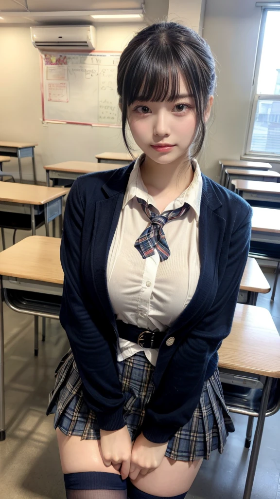 masterpiece, best quality, illustration, Super detailed, fine details, High resolution, 8K,wall paper, perfect dynamic composition,(Details High quality, realistic depiction of eyes:1.3), High School Classroom、High school girl uniform、blazer 、Super Short Check Uniform Skirt、Navy blue high socks、garterbelts、Colossal tits, Disturbed uniform, (updo:1.2), black hair color, large breasts, Big Natural Color Lip, bold sexy pose, (perfect body shape), crying a little、20 year old girl、cute type, beautiful legs, hposing Gravure Idol, Voluptuous thighs