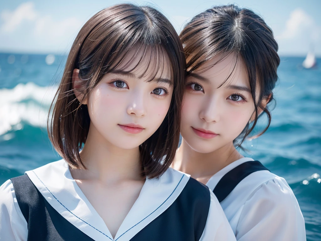 8k、Two beautiful girls, aged  and 18,,(Photorealistic:1.2), (highest quality), (Detailed skin:1.3), (Intricate details), Ray Tracing,Two Girls, In detail,real，RAW Photos & Realistic atmosphere,、Detailed face、Cheek to cheek， in the sea、Strong winds (highest quality,masterpiece:1.3,Ultra-high resolution),(Very detailed,Caustics,8k),(Realistic:1.4,RAW shooting), In detail,real，Scattered beneath the surface,(blush:0.5), Detailed skin texture,Japanese,cute,Black long and short hair,Looking at the camera,Sailor suit,(Face Focus:1.1),(Face close-up:1.1),blue sky,Natural light