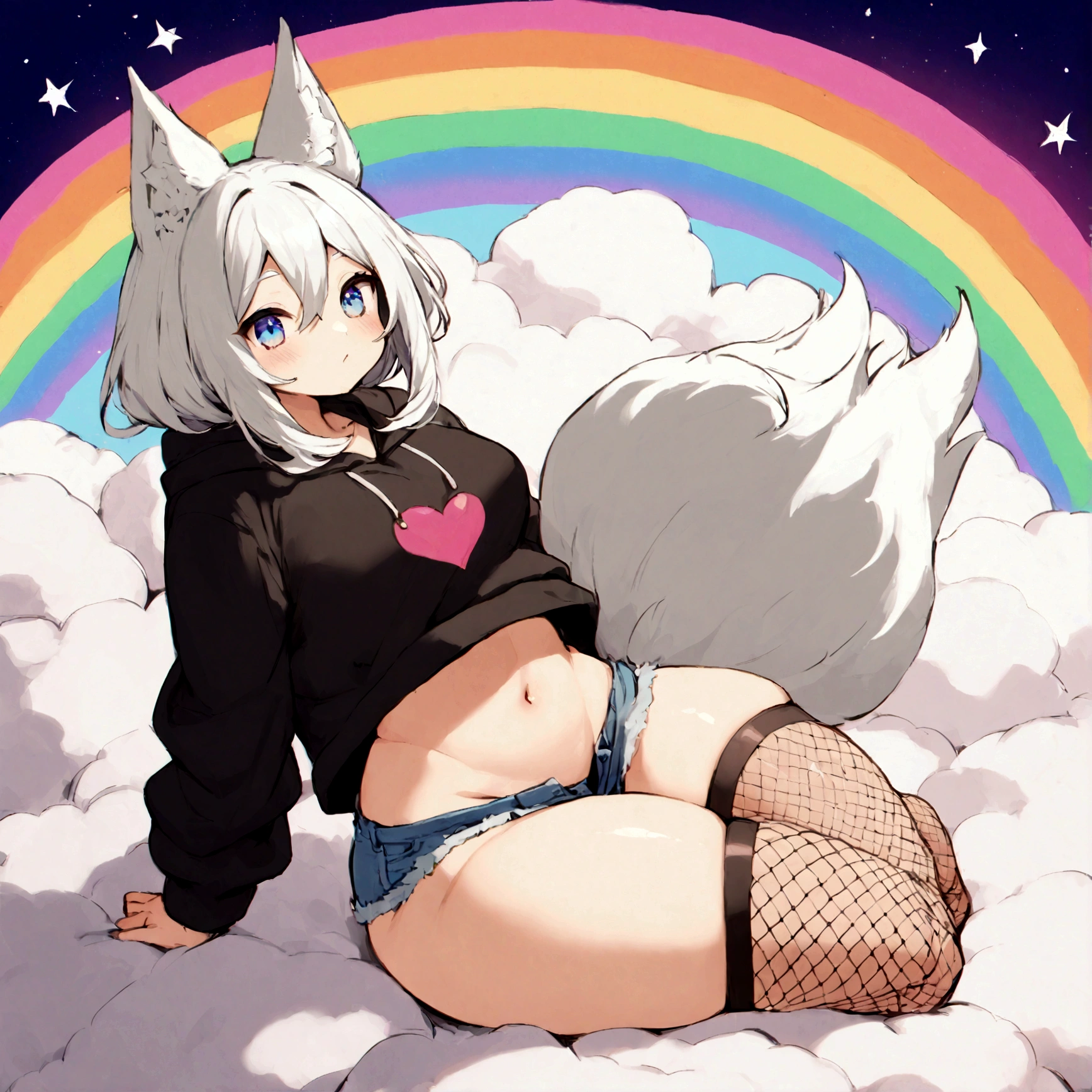 a cute adult male with wolf ears,long white hair with long locks, has a wolf tail, wearing a loose cropped oversized black hoodie, wearing a pair of denim short shorts and thigh high fishnet stockings, thick thighs, wide hips, relaxing on mound of fluffy multi colored kawaii plushies, short, very slim, showing slender tummy, stretching out, heart on hoodie, squishy thighs, has glowing blue eyes. alone, solo (ALONE)(SOLO), surrounded by rainbows, colorful galaxy backround, nice butt