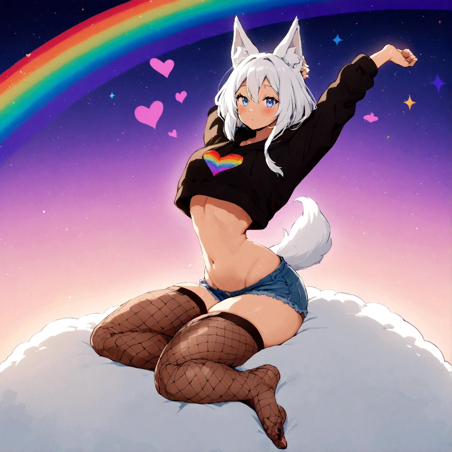 a cute adult male with wolf ears,long white hair with long locks, has a wolf tail, wearing a loose cropped oversized black hoodie, wearing a pair of denim short shorts and thigh high fishnet stockings, thick thighs, wide hips, relaxing on mound of fluffy multi colored kawaii plushies, short, very slim, showing slender tummy, stretching out, heart on hoodie, squishy thighs, has glowing blue eyes. alone, solo (ALONE)(SOLO), surrounded by rainbows, colorful galaxy backround, nice butt