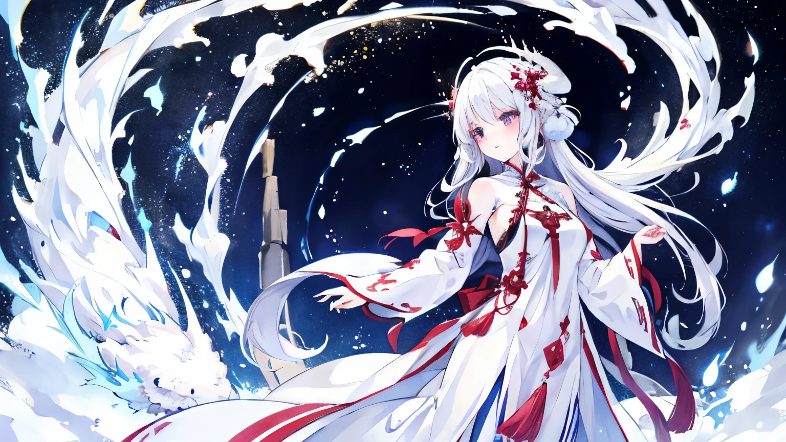 White dragon horn、Mother、Snowy hair、White pupil、Long dress with complex patterns、Snickering