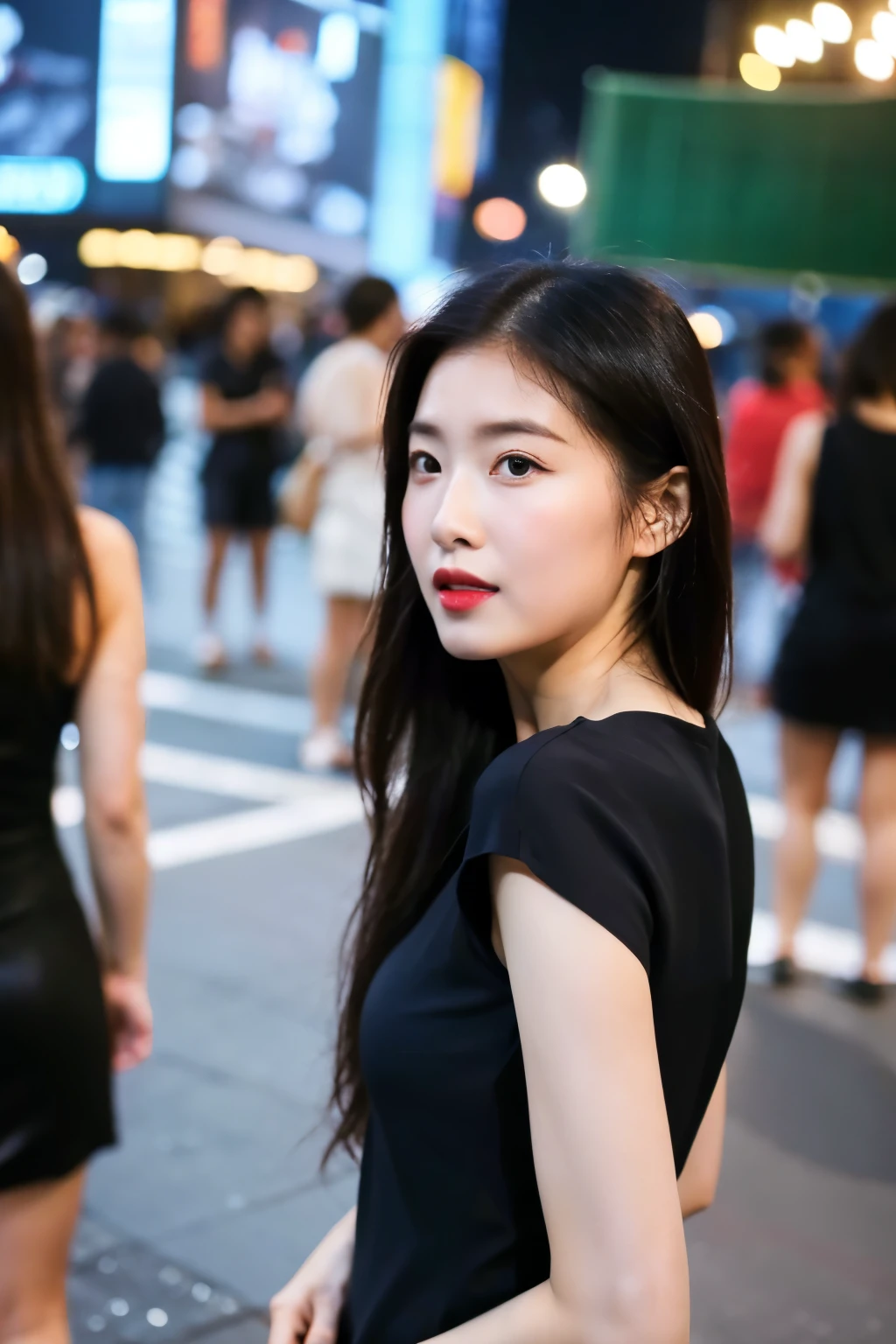 The girl is wearing a tight black dress taking pictures on the street
