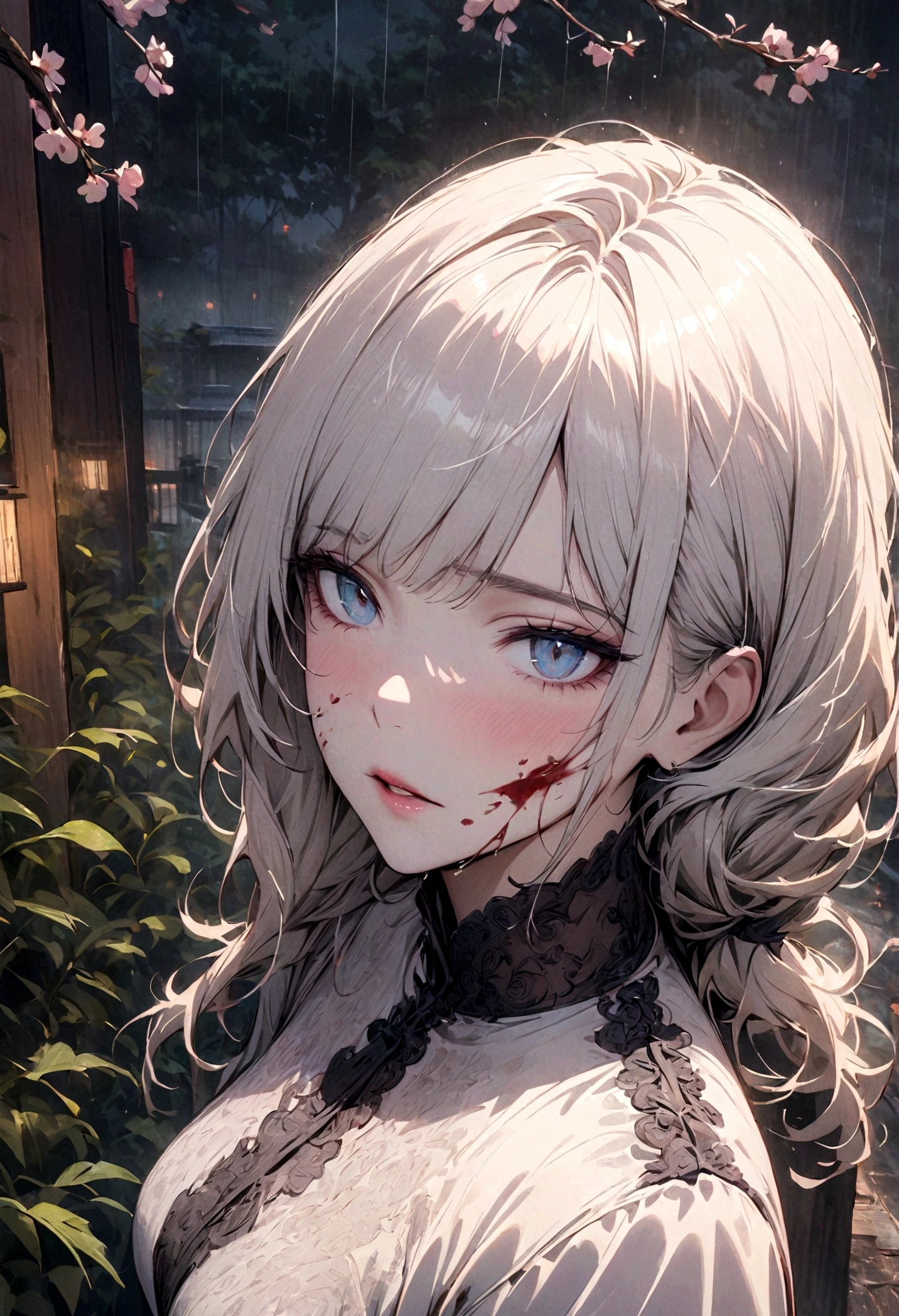 masterpiece, best quality, night, outdoor, rainy days, Branches, Chinese, China, 1 female, Mature woman, Silver-white hair woman, Gray blue eyes, Light pink lips, cold, Lace, Weak, Bangs, assassin, Short knife, White clothes, Black clothes pattern, Blood stains, Blood, Injuried, Blood on the face, Blood on the clothes, rain, delicate face, delicate face,