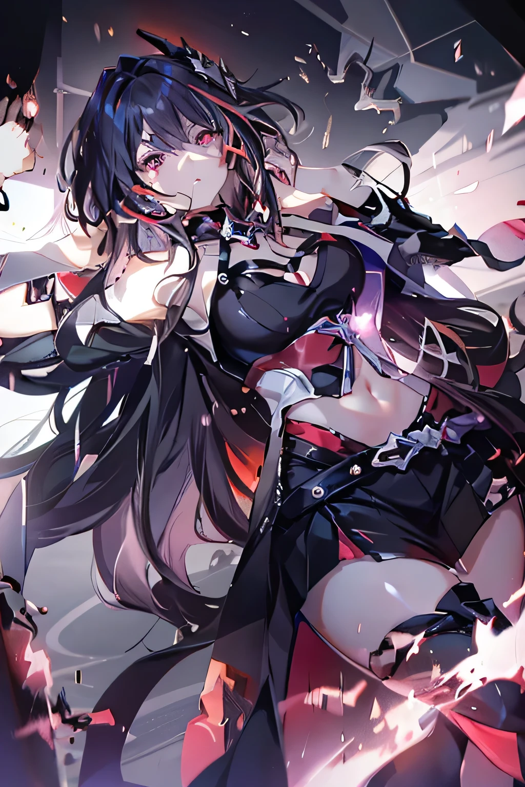 A stunningly detailed and fashionable woman with striking features and an intricate outfit, standing in a simple but colorful background with dynamic lighting effects, anime girl, gapmoe yandere grimdark, anime style, hd anime wallaper, anime wallaper, nightcore, (anime girl), anime art wallpaper 8k, anime style 4k, splashes of lightning behind her. She has beautiful detailed eyes, a delicate and beautiful face, long dark hair that frames her face, and bright red eyes with pink highlights and diamond-shaped pupils. Her outfit consists of a black top with a high neckline and intricate cutouts, a white and red jacket with long furisode sleeves and intricate black and red designs, high-waisted black and red shorts, and black boots that reach up to her thighs. She also has various chitinous accessories, including a red shoulder guard, belt, and strap along her spine, a chain around her left wrist, and a large sword reminiscent of an ōdachi. The image is of the highest quality, ultra-detailed, and in the Honkai Star Rail art style, with a high saturation, colorful splashes, shining effects, and best lighting and shadows.