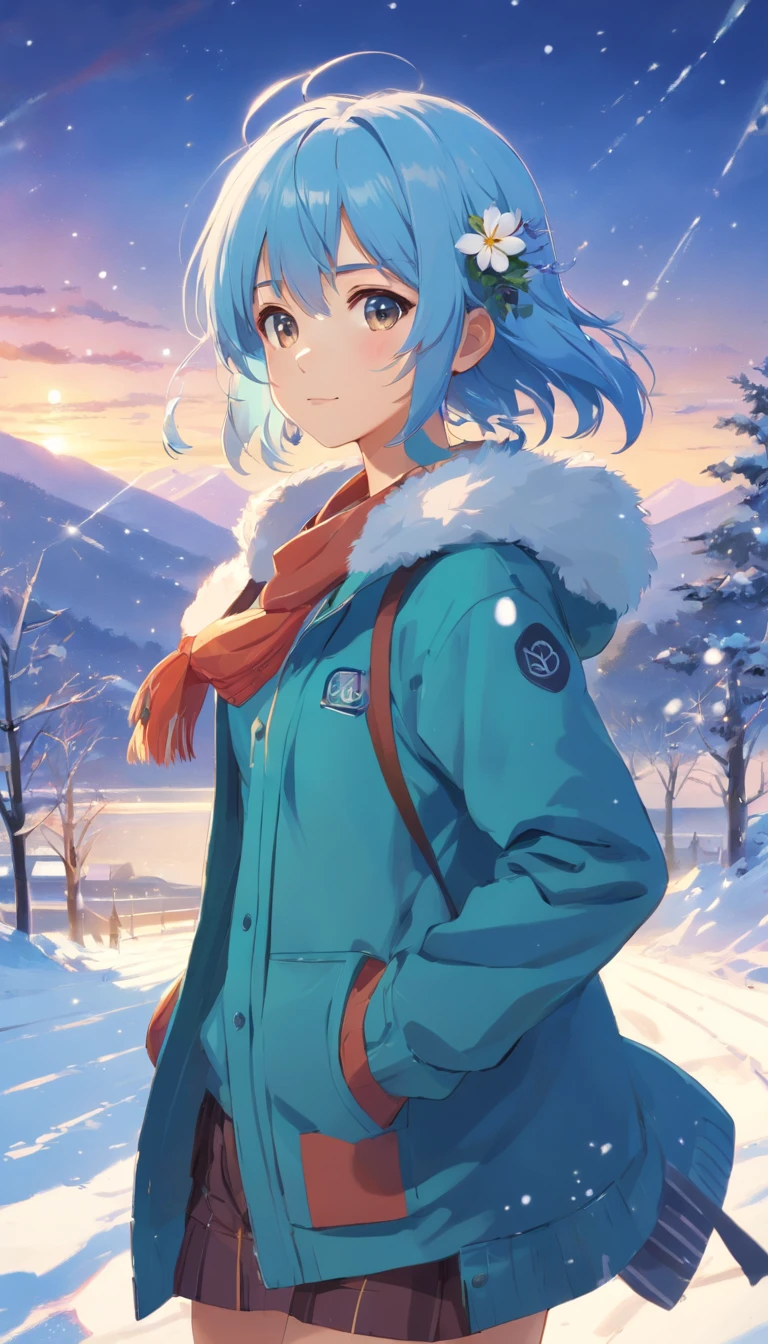 (masutepiece),full body Esbian, (Best Quality), (ultra-detailliert),(disheed hair),(Illustration), (1girll), (Fashionable clothing), schoolgirls, Fashion Model, (Simple background),beautiful and delicate eyes,Delicate beauty,On the snow,(high saturated),(Colorful splashes),Silver snow,(shine),Focus on the face,lightblue hair,By bangs,hair rings,Floating flowers,floated hair,(shiny),The best lighting,Best Shadow,