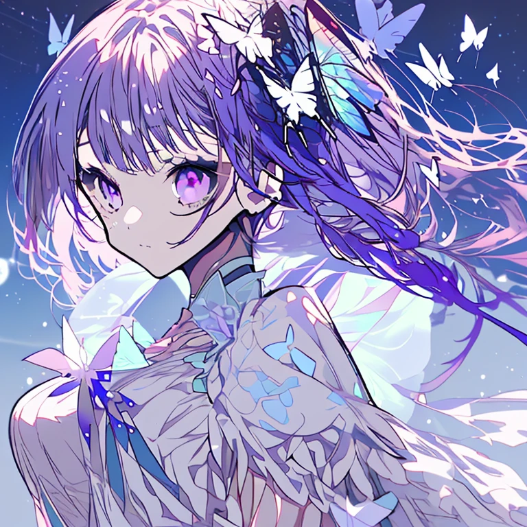 1 girl、Mature、Ample breasts、Purple Hair、Long Hair、ponytail、White Dress、hydrangea、Shoulder dress、Bust-up perspective、Soap bubbles、prism、Butterflies fluttering、High resolution、highest quality