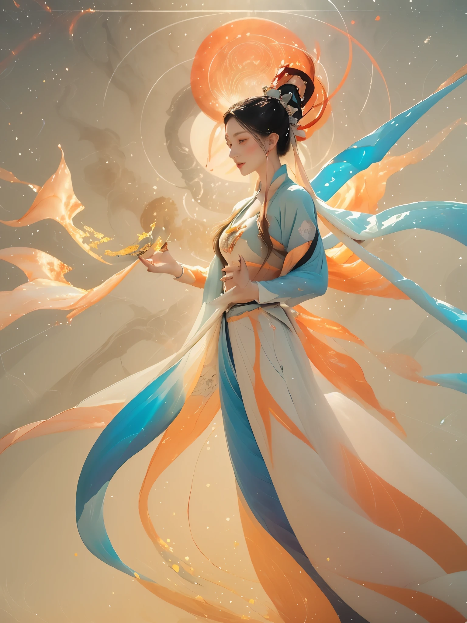 (1 Girl:1.4),Solitary, Gorgeous, Extremely detailed,(Joshua Middleton Comic Cover Art:1.1), (Action painting:1.2),(Concretism:1.2),(Hyperpolarization:1.5),rich and colorful,The most detailed,white gray background, White Hanfu, Pastel colors, (masterpiece, Top quality, best quality, Official Art, beautiful and aesthetic:1.2),
