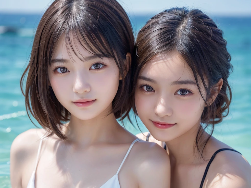 8k、Two beautiful girls, aged 12 and 18,,(Photorealistic:1.2), (highest quality), (Detailed skin:1.3), (Intricate details), Ray Tracing,Two Girls, In detail,real,RAW Photos & Realistic atmosphere,、Beautiful, shining lips, Detailed face、Cheek to cheek, in the sea、Strong winds (highest quality,masterpiece:1.3,Ultra-high resolution),(Very detailed,Caustics,8k),(Realistic:1.4,RAW shooting), In detail,real,Scattered beneath the surface,(blush:0.5), Detailed skin texture,Japanese,cute,Black long and short hair,Looking at the camera,Collarbone Bare Skin,Shoulder Bare Skin,(Face Focus:1.1),(Face close-up:1.1),blue sky,Natural light