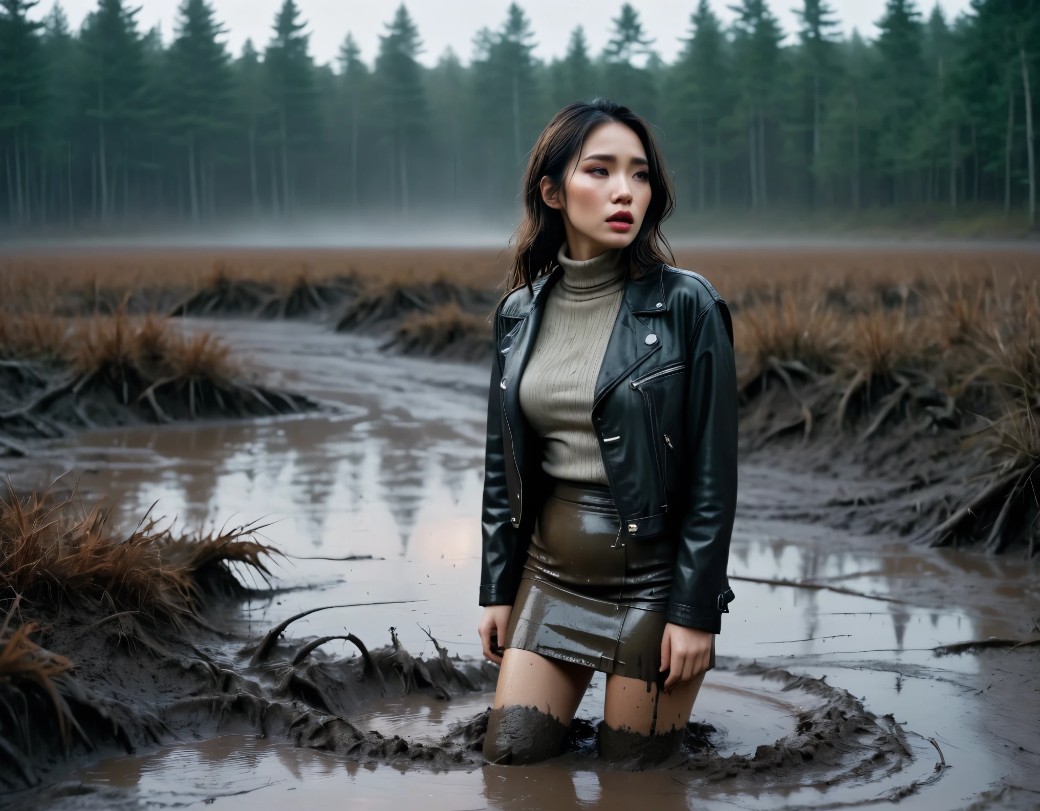 8k, ultra-detailed, documentary drama photo, grainy film photo, side view, close-up, masterpiece,muted colors, muffled light, dusk, rainy, moody, woman drowning in forest mud bog, shame expression, stockings, messy pencil skirt, light turtleneck, messy faded leather jacket, beautiful long brunette hair, depraved outfit,asian:0.5fetishistic makeup,