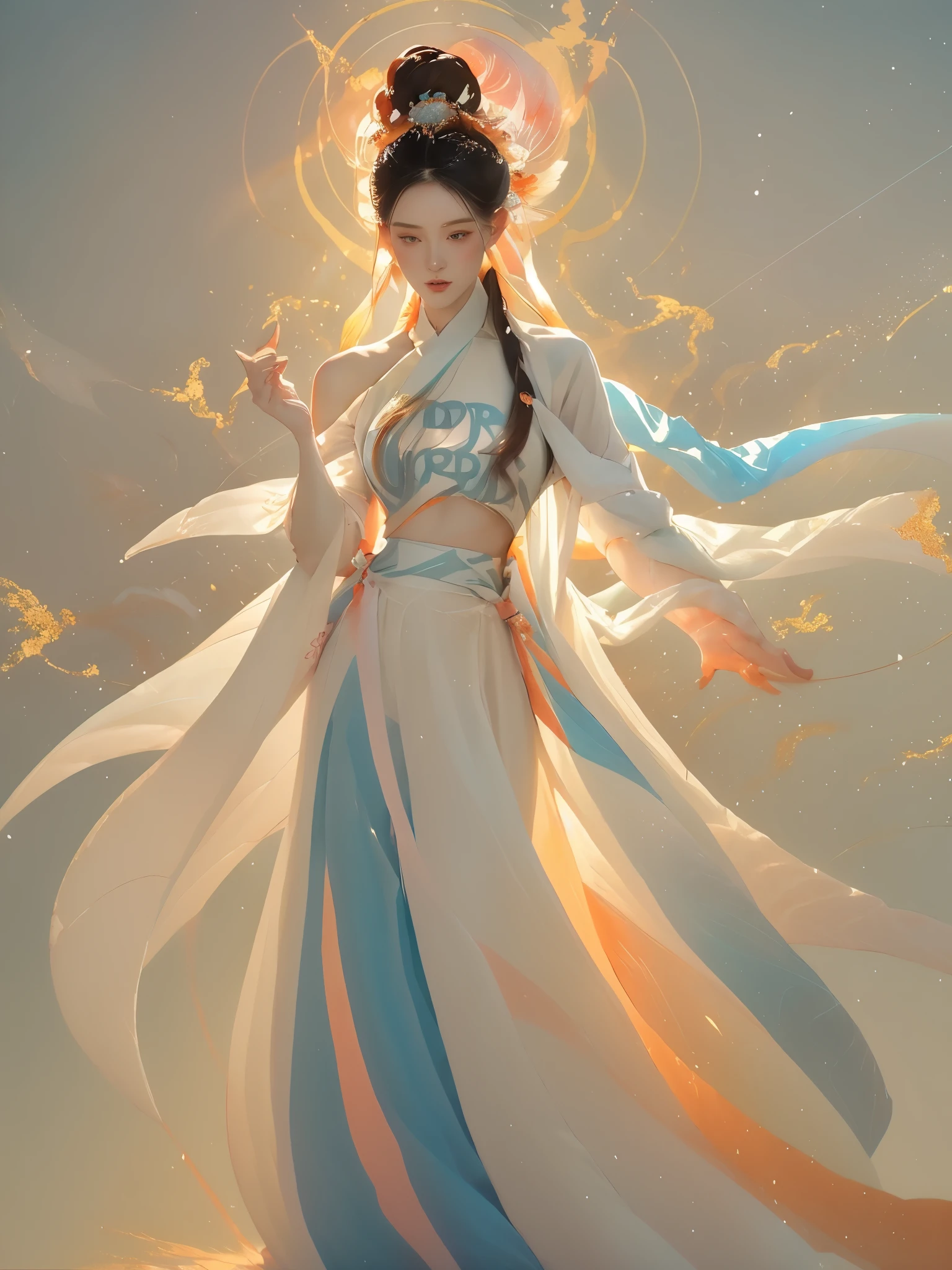 (1 Girl:1.4),Solitary, Gorgeous, Extremely detailed,(Joshua Middleton Comic Cover Art:1.1), (Action painting:1.2),(Concretism:1.2),(Hyperpolarization:1.5),rich and colorful,The most detailed,white gray background, White Hanfu, Pastel colors, (masterpiece, Top quality, best quality, Official Art, beautiful and aesthetic:1.2),