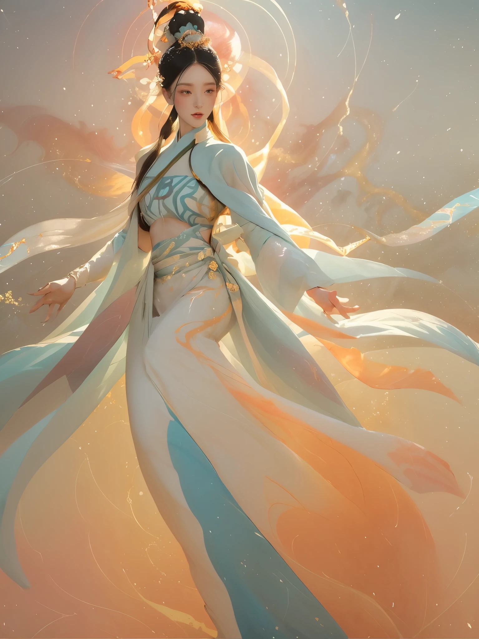 (1 Girl:1.4),Solitary, Gorgeous, Extremely detailed,(Joshua Middleton Comic Cover Art:1.1), (Action painting:1.2),(Concretism:1.2),(Hyperpolarization:1.5),rich and colorful,The most detailed,white gray background, White Hanfu, Pastel colors, (masterpiece, Top quality, best quality, Official Art, beautiful and aesthetic:1.2),