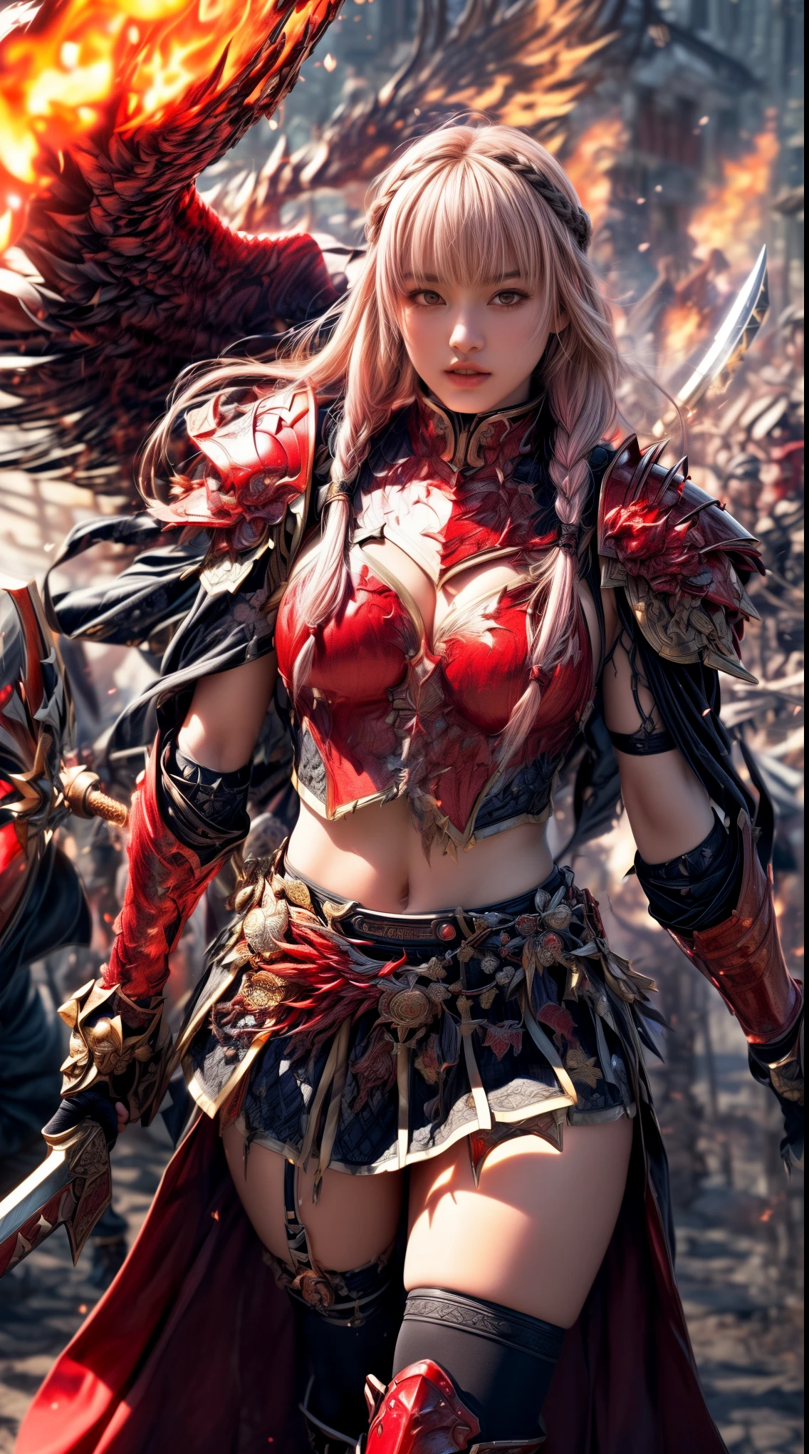 Very beautiful Swedish women、Slender women、(Detailed face)、Realistic Skin、((Fire Knight)), (((Crimson Armor:1.25)))、((((非常に繊細で繊細な装飾が施されたCrimson Armor:1.5))))、((Delicate photo)),(Girl Astepeace RAW Photo Details:1.25), (highest quality:1.6), (超A high resolution:1.5), (Realistic:1.75), 8K resolution, Canon EOS R5, 50mm, Absurd, Very detailed,Cinema Lighting,Battlefields of Medieval Europe、((Fight))、RPG World、Final Fantasy、(((decorative skirt)))、Thigh-high socks、Shingard、((Light pink hair))、((Very short bangs))、((Braiding))、(Six Pack)、Torn Cloak、Beautiful Armor、(((Giant Sword)))、In combat、The wind is blowing、(((Flames all around)))、(((Leading a large group of red knights)))、(((Knight Commander)))、(Armor with a phoenix motif)、(((flames of fire)))、(((Intense action scenes)))、(((Crimson Phoenix)))、((Browsing Caution:1.1))、