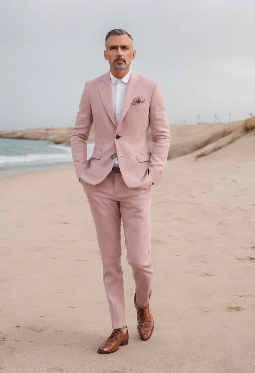 Portrait of a father wearing dusty pink coat pant single button stylish walking on city and beach with confident