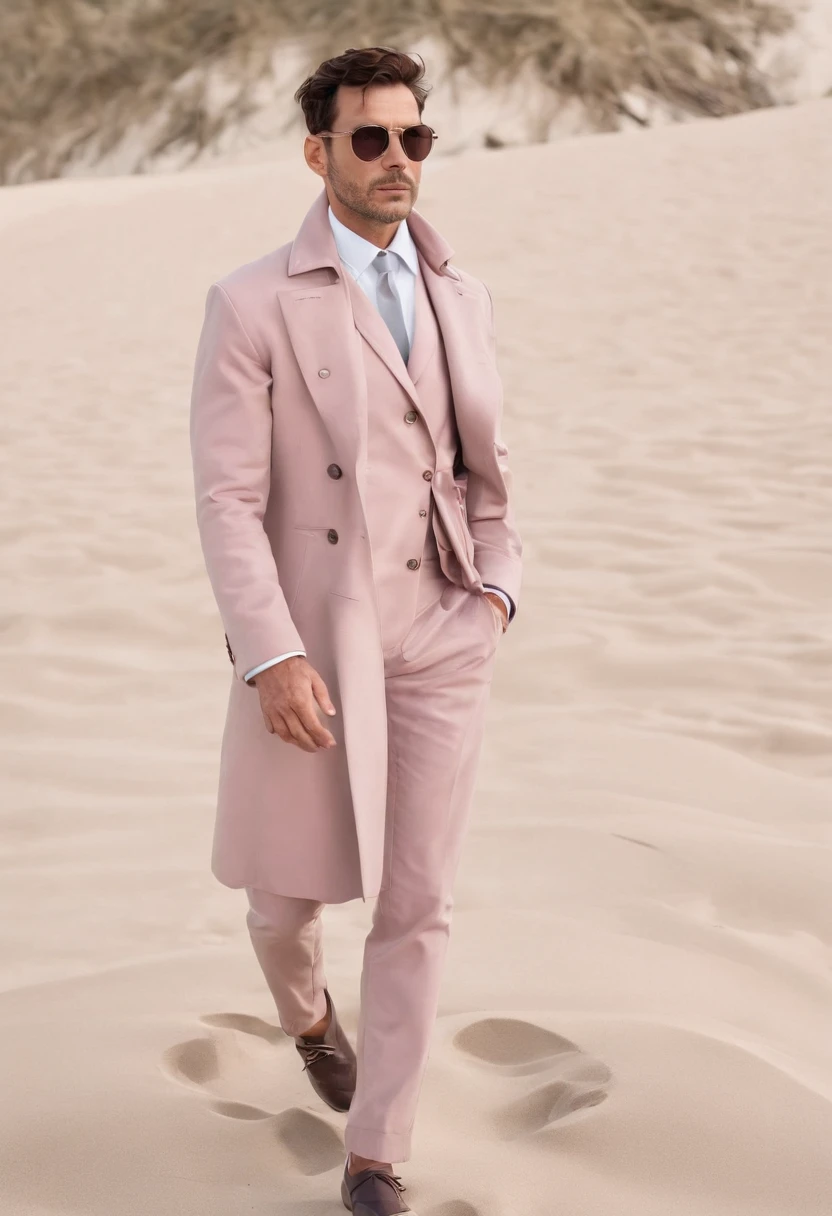 Portrait of a father wearing dusty pink coat pant single button stylish walking on city and beach with confident