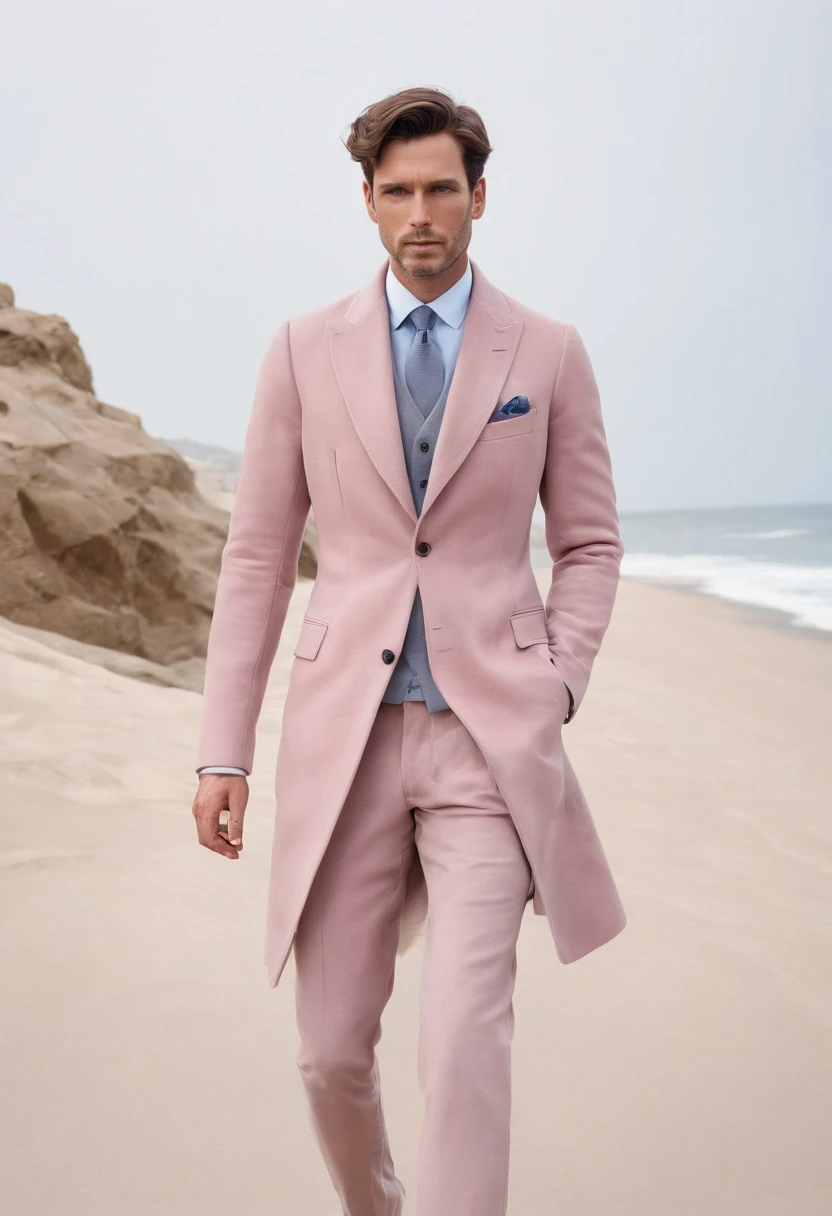Portrait of a father wearing dusty pink coat pant single button stylish walking on city and beach with confident