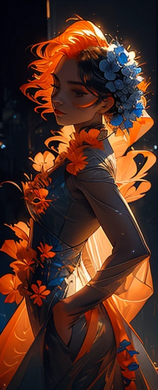 full body, backlit, chic fashion editorial, floral, body silhouette light, backlit silhouette silhouette((light orange hair)) (fashion high fashion) photography, (close-up: 1.1), glamorous woman with gorgeous (((blue and light orange flowered))) silk gown, beautiful side boob, sensual body, sensual pose, wearing thin strappy high heels, Japanese style, camera View from below, perspective, dynamic angle, facing camera, oily skin, glowing skin, striking composition, strong and confident pose, sensual gesture, glamor, seduction, sharp focus, high contrast, dramatic shadows, low light environment, dramatic lighting, youthful energy, oil painting, backlight, glass flowers, reality, realistic, sensual pose, striking pose, stylized pose, sensual pose, stylized pose, reality, perfect, xuer peacock feather